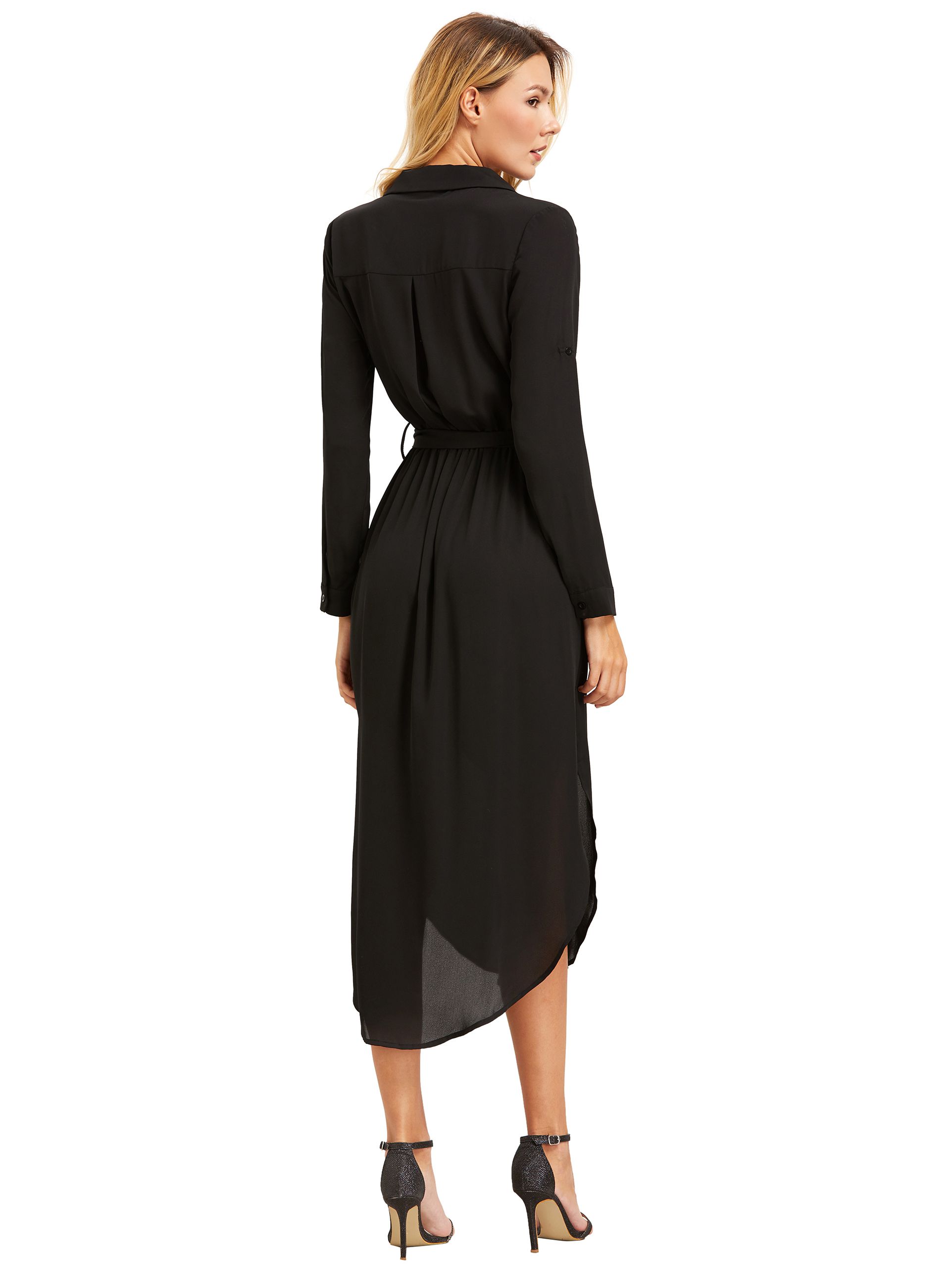 Black Lapel Self-tie HIgh Low Chiffon Dress With Pockets