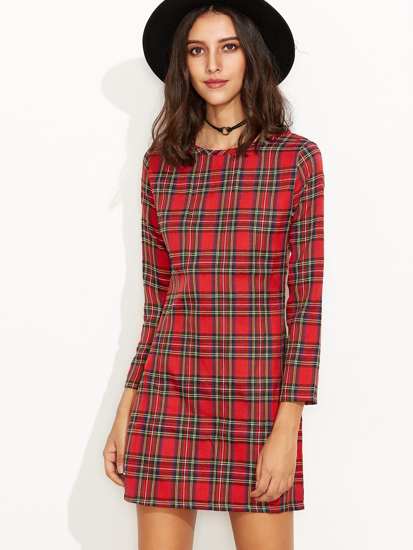 Red Plaid Zipper Back Long Sleeve Sheath Dress