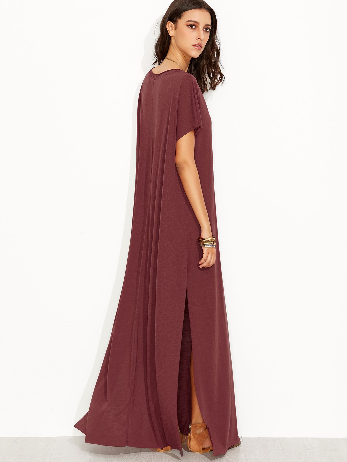 Burgundy Side Slit Loose Fit Maxi Tee Dress