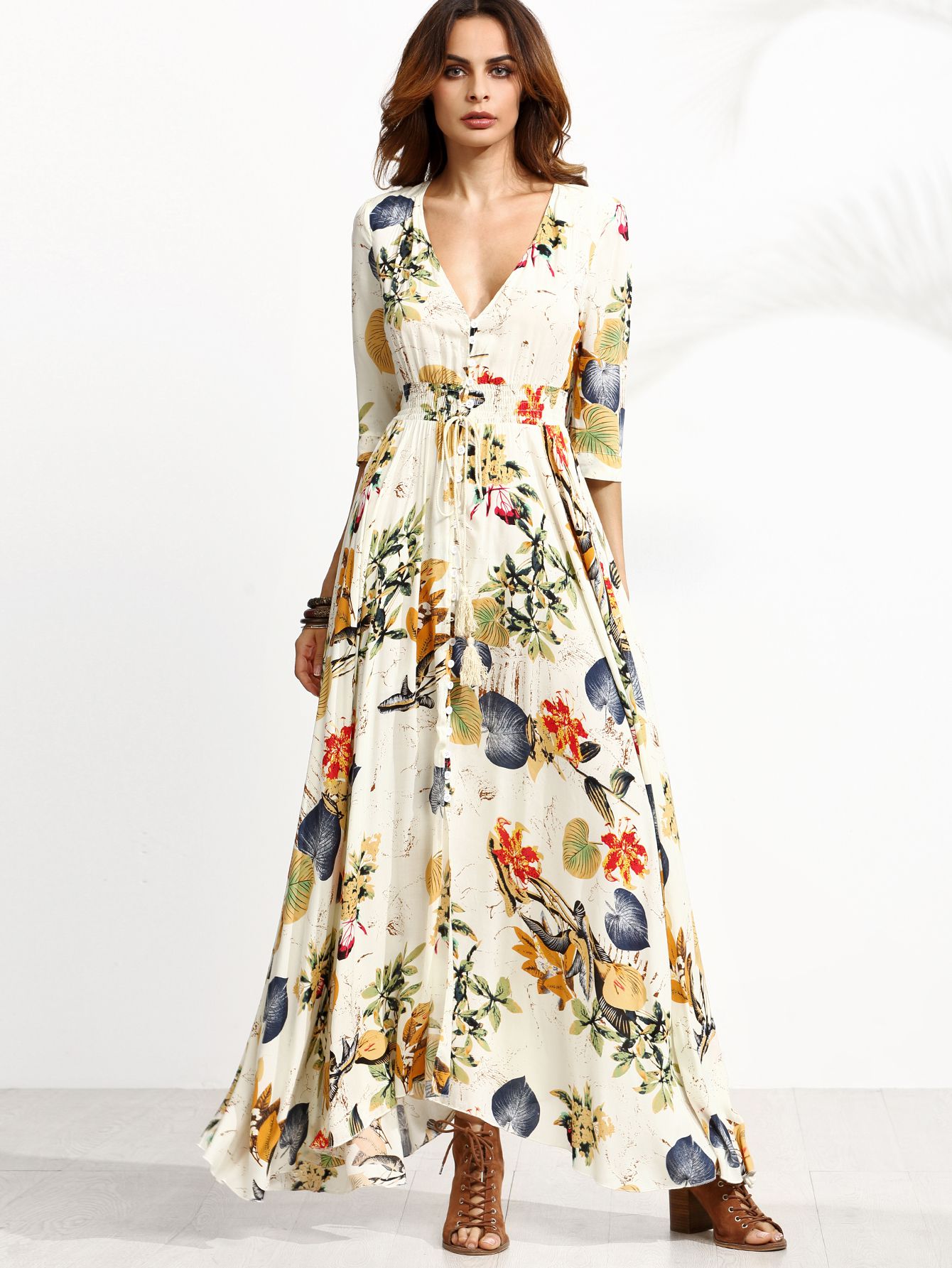 Floral Print Deep V Neck Drawstring Button Dress