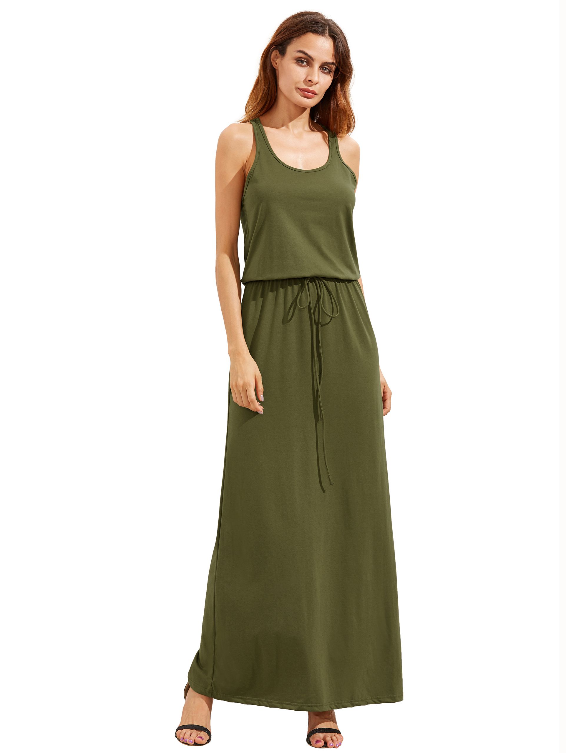 Army Green Self-tie Waist Sleeveless Maxi Dress