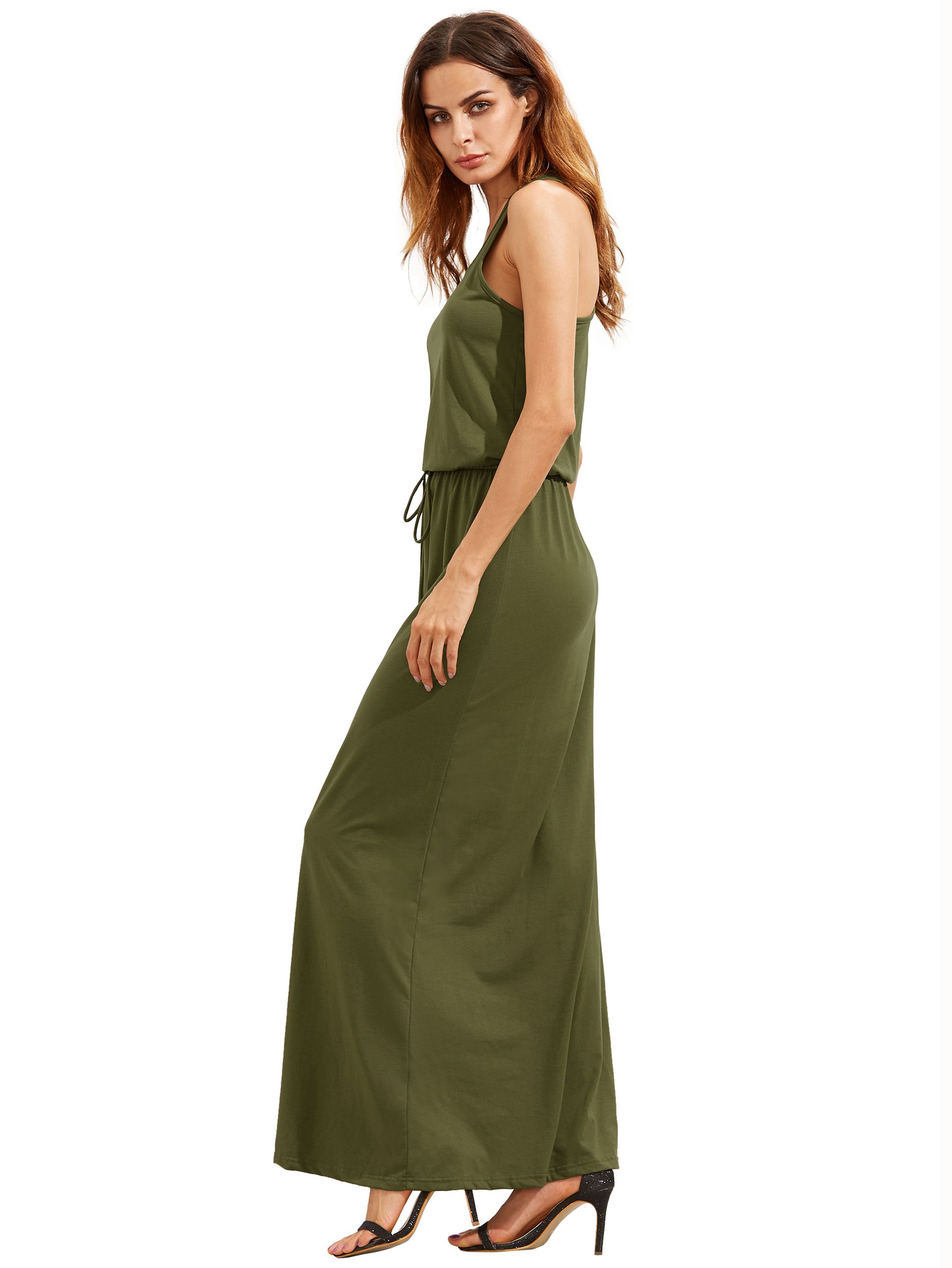 Army Green Self-tie Waist Sleeveless Maxi Dress