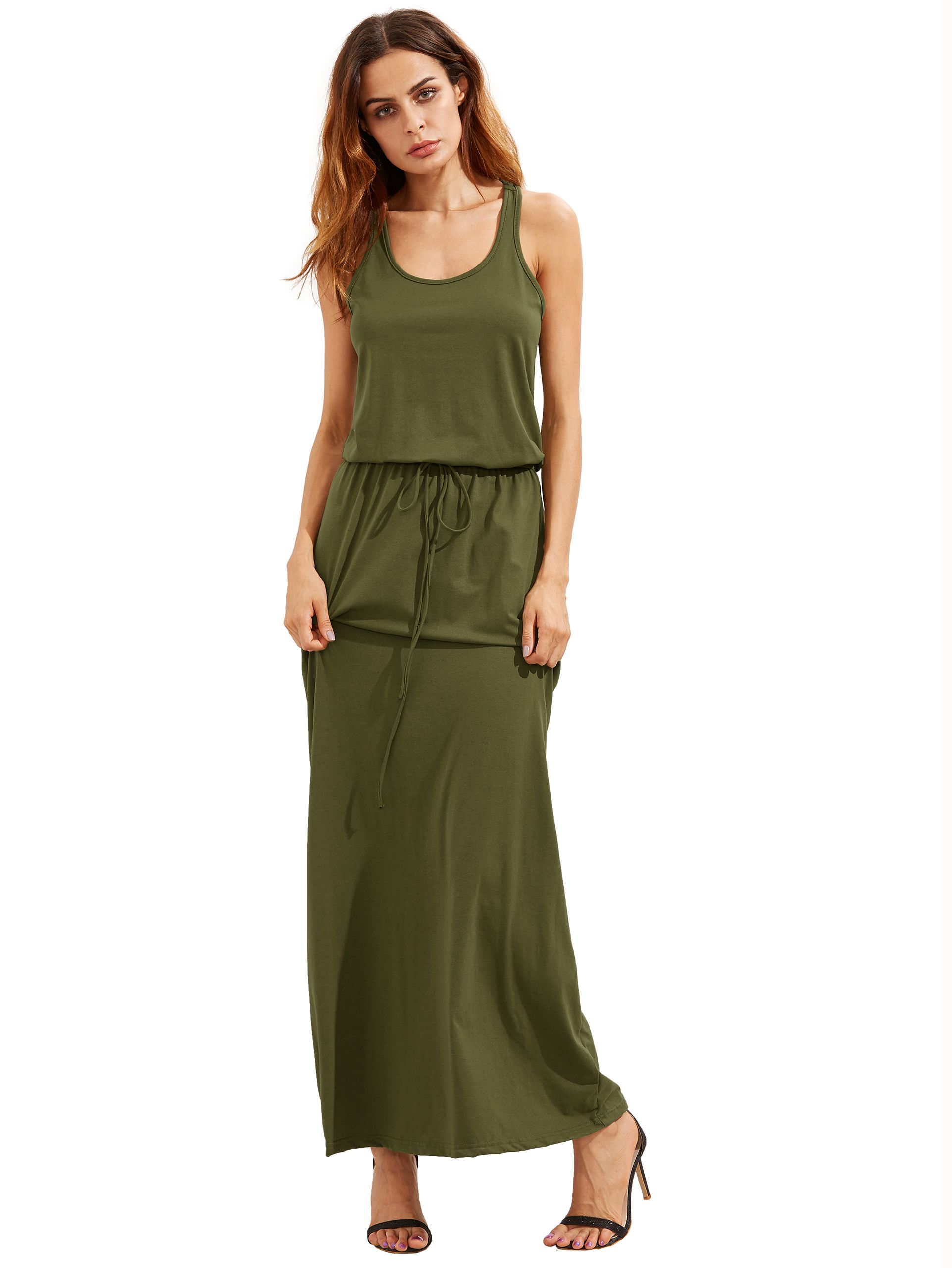 Army Green Self-tie Waist Sleeveless Maxi Dress