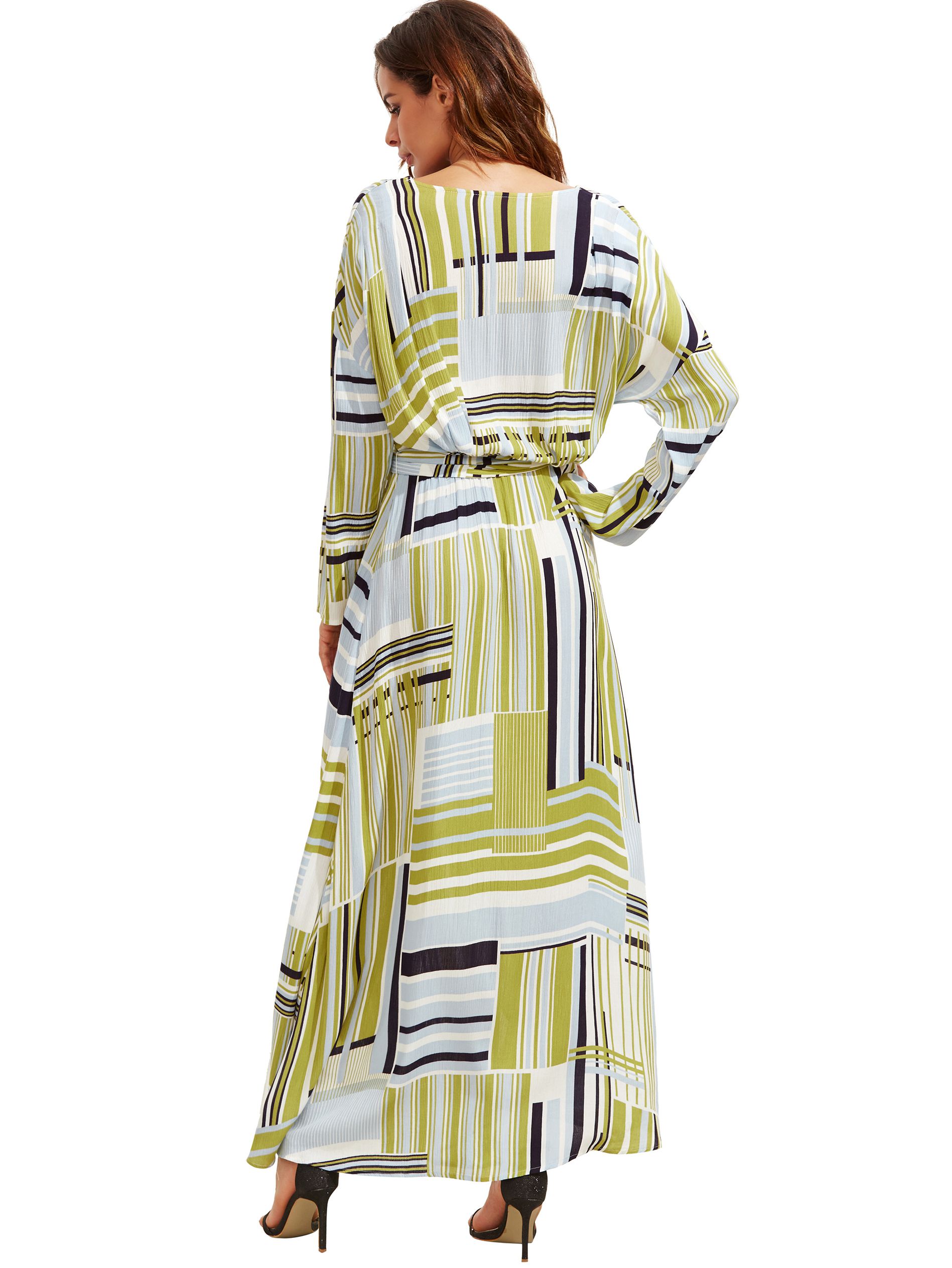 Multicolor Print V Neck Tie Waist Maxi Dress