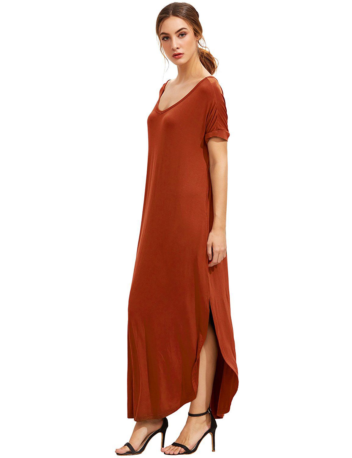 Orange Short Sleeve Pocket Split Side Dress