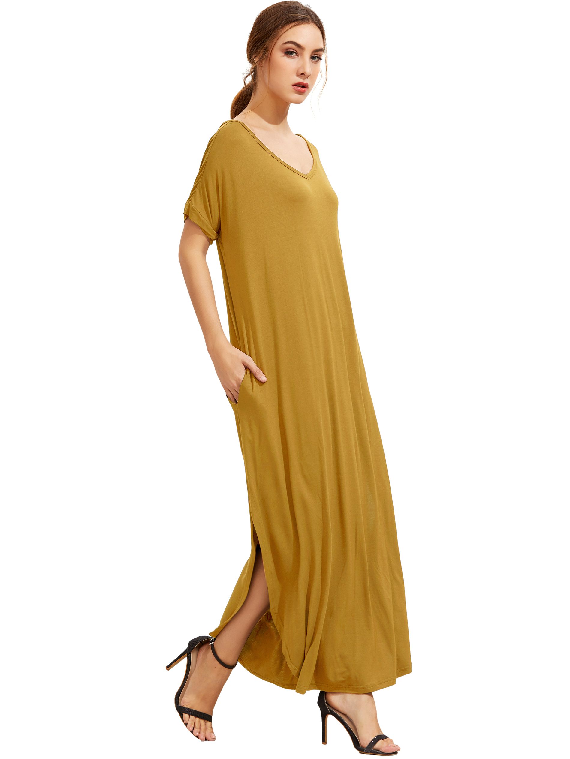 Yellow Short Sleeve Pocket Split Side Dress