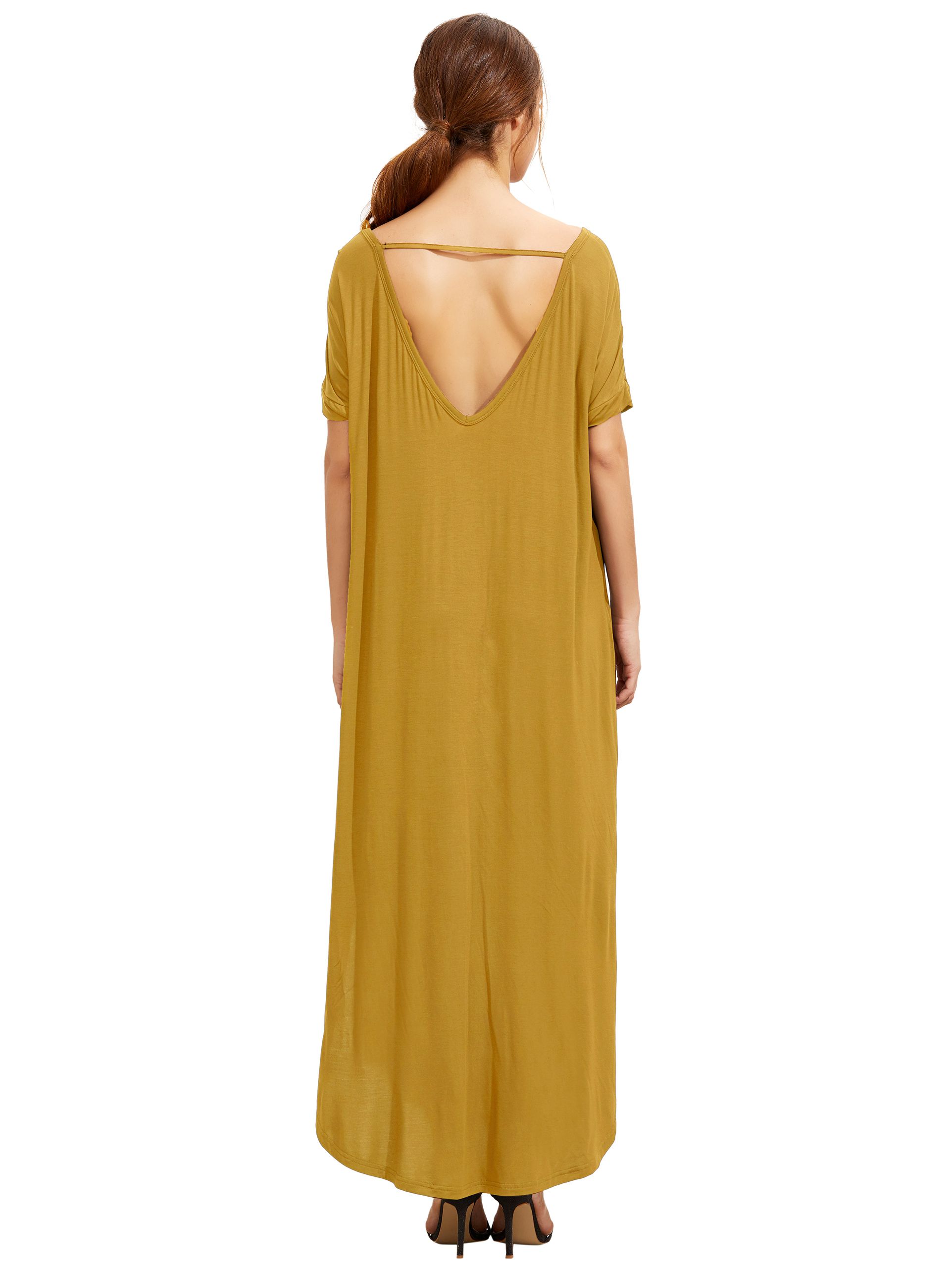 Yellow Short Sleeve Pocket Split Side Dress