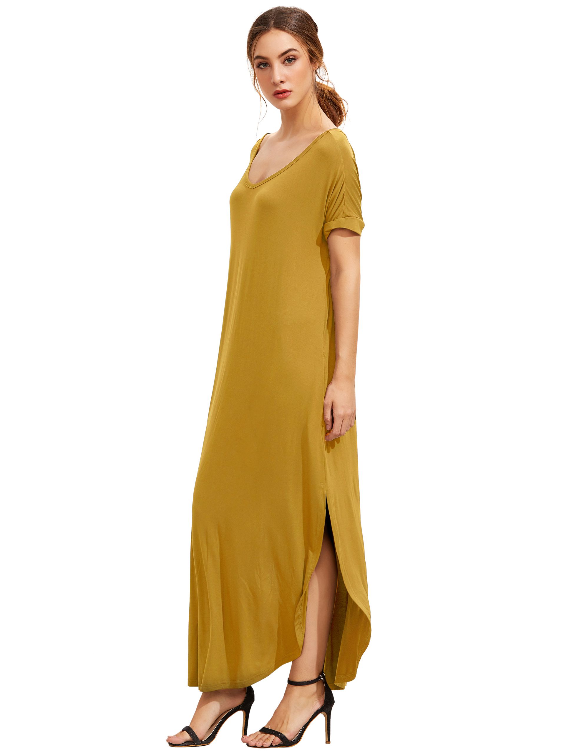 Yellow Short Sleeve Pocket Split Side Dress