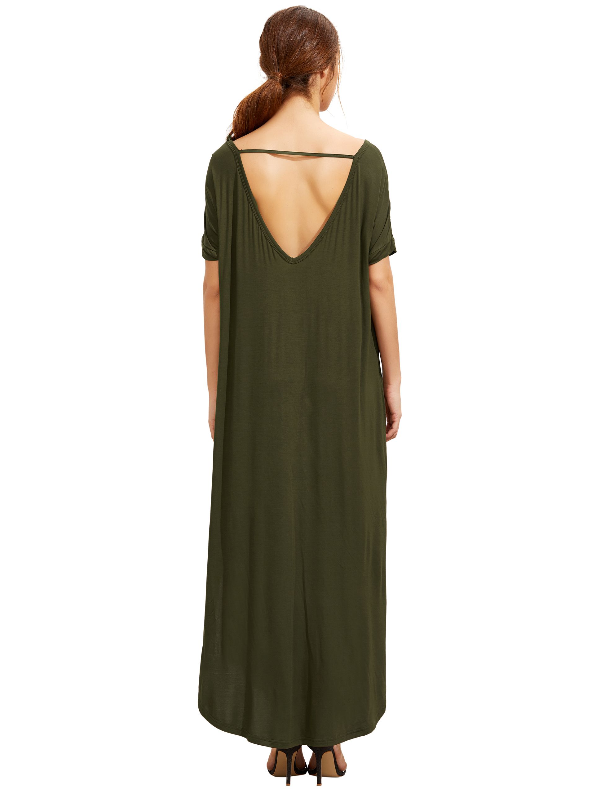 Green Short Sleeve Pocket Split Side Dress