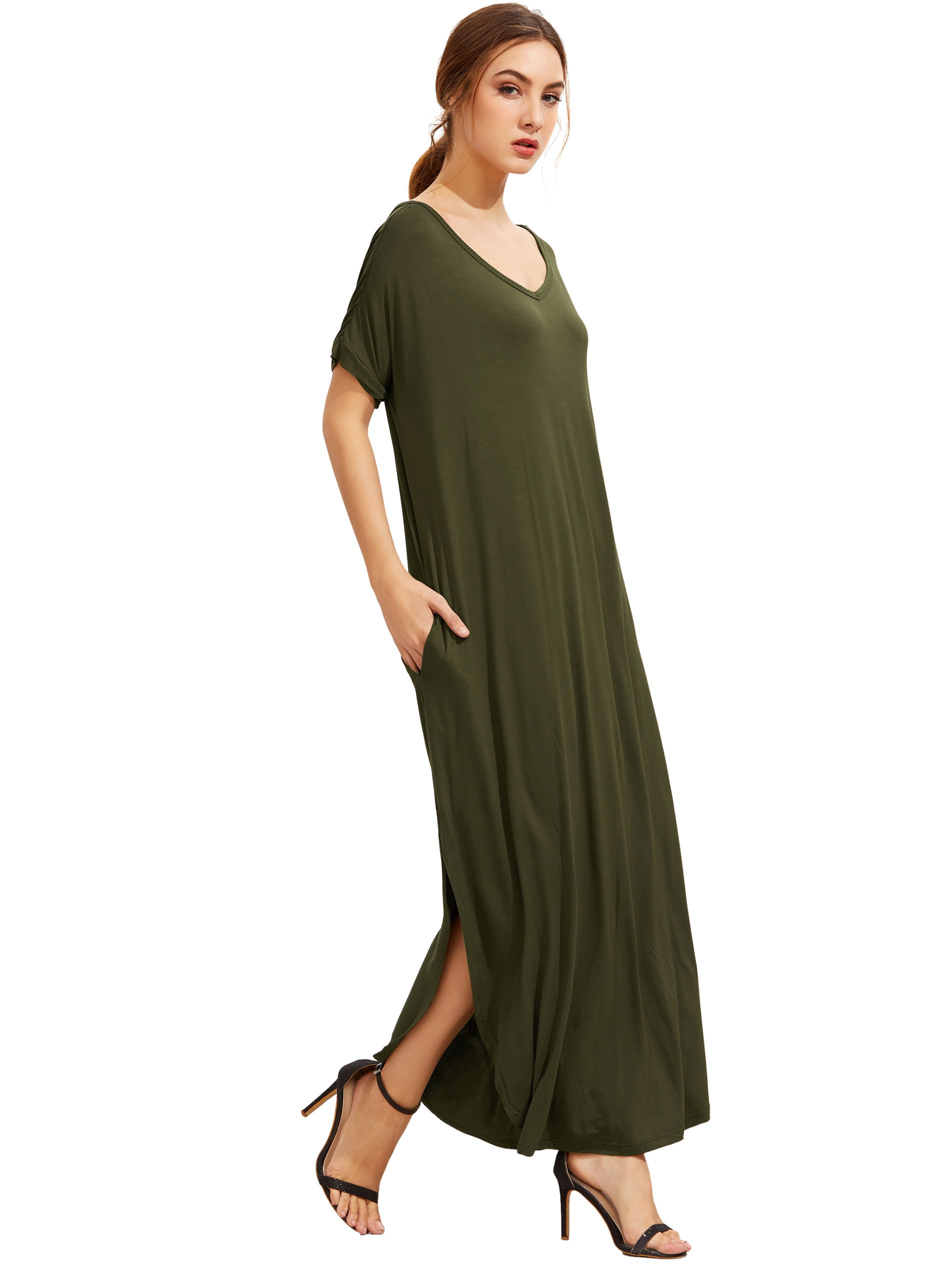 Green Short Sleeve Pocket Split Side Dress