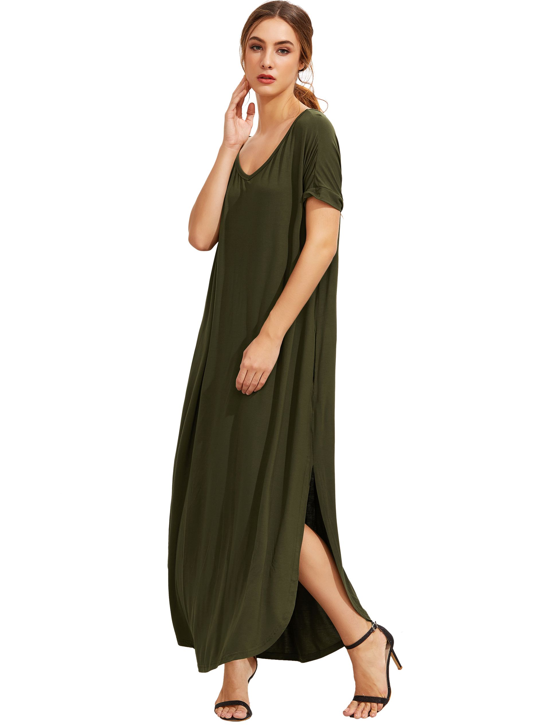 Green Short Sleeve Pocket Split Side Dress