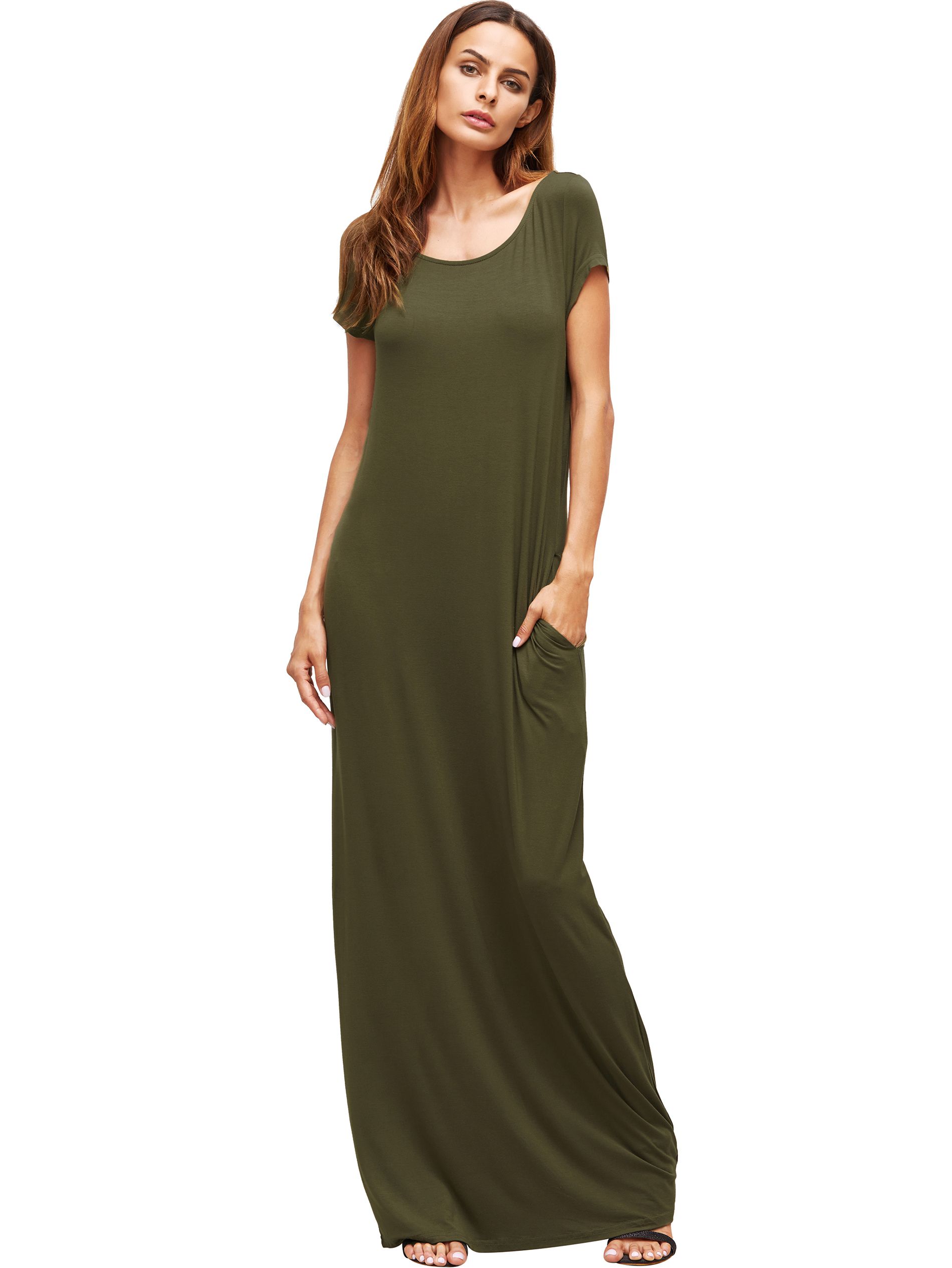 Army Green Pocket Short Sleeve Maxi Dress