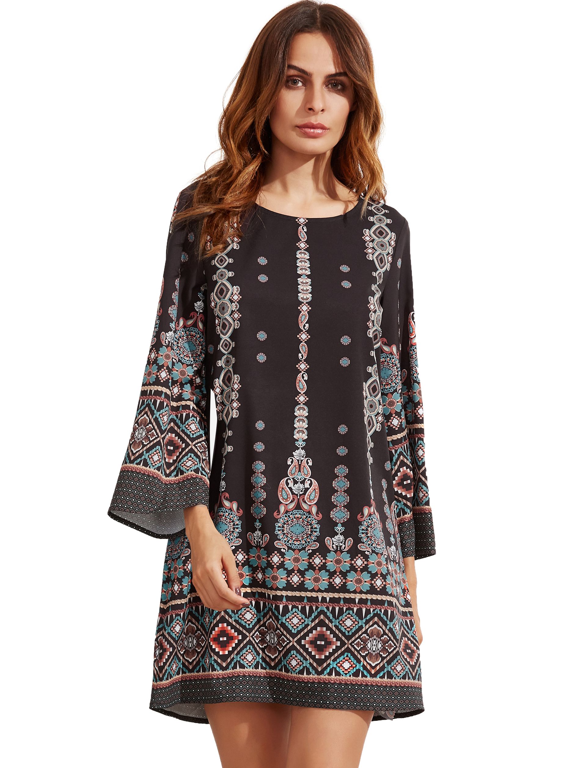 Black Aztec Print Shift Dress