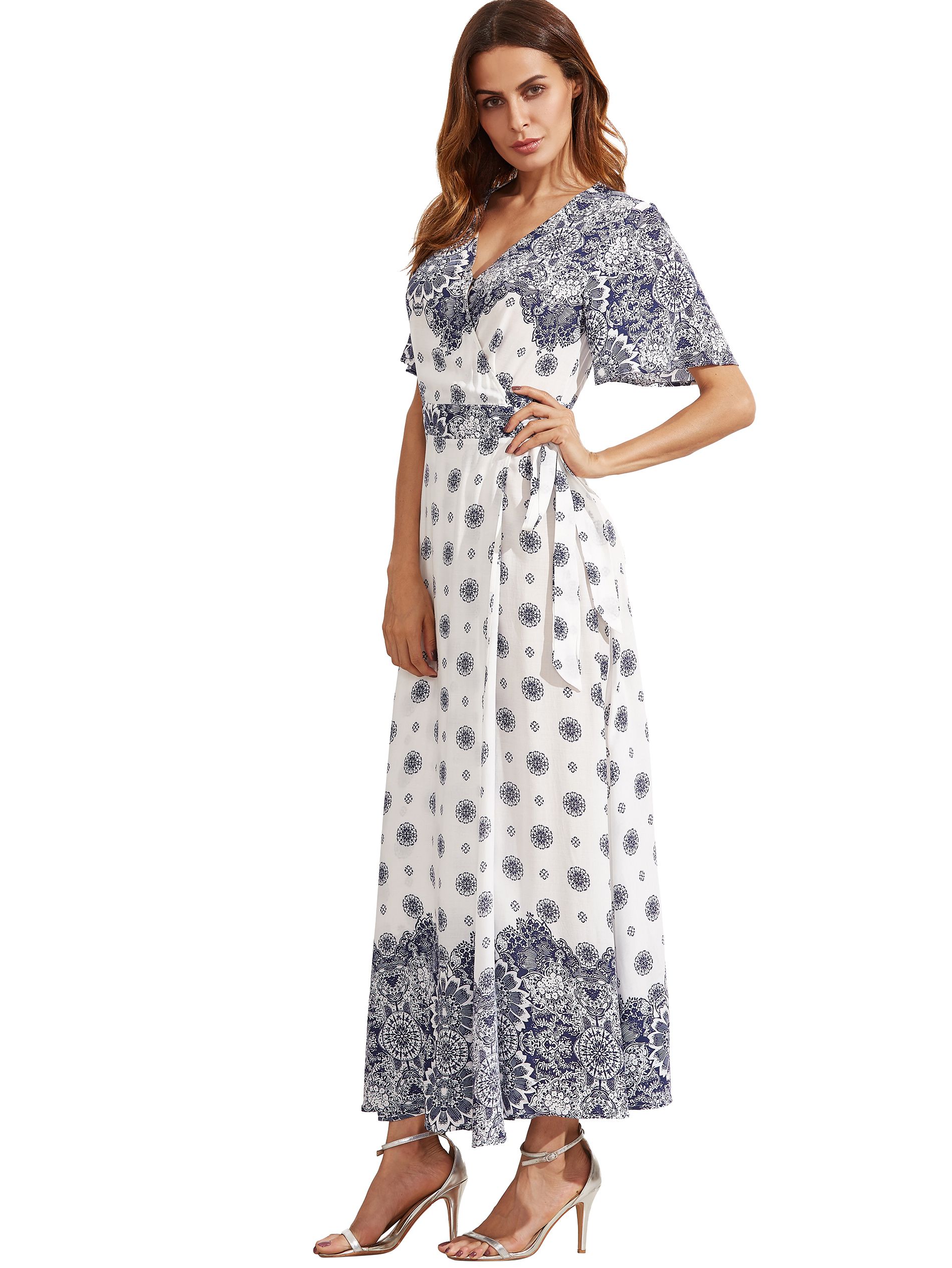 White Print V Neck Half Sleeve Split Dress