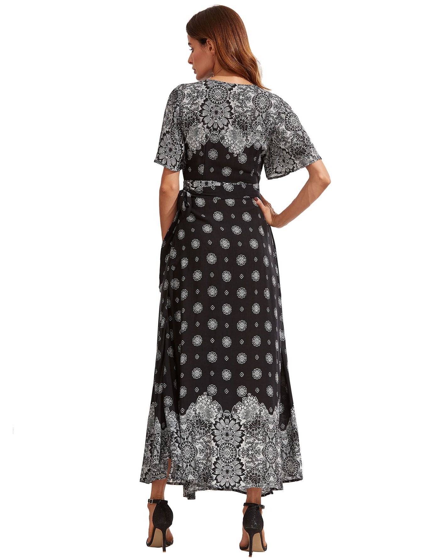 Black Print V Neck Half Sleeve Split Dress