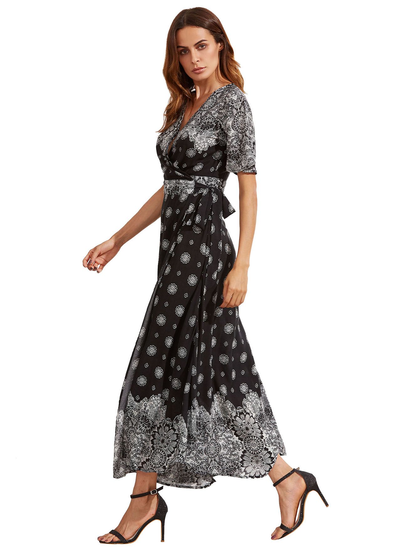 Black Print V Neck Half Sleeve Split Dress