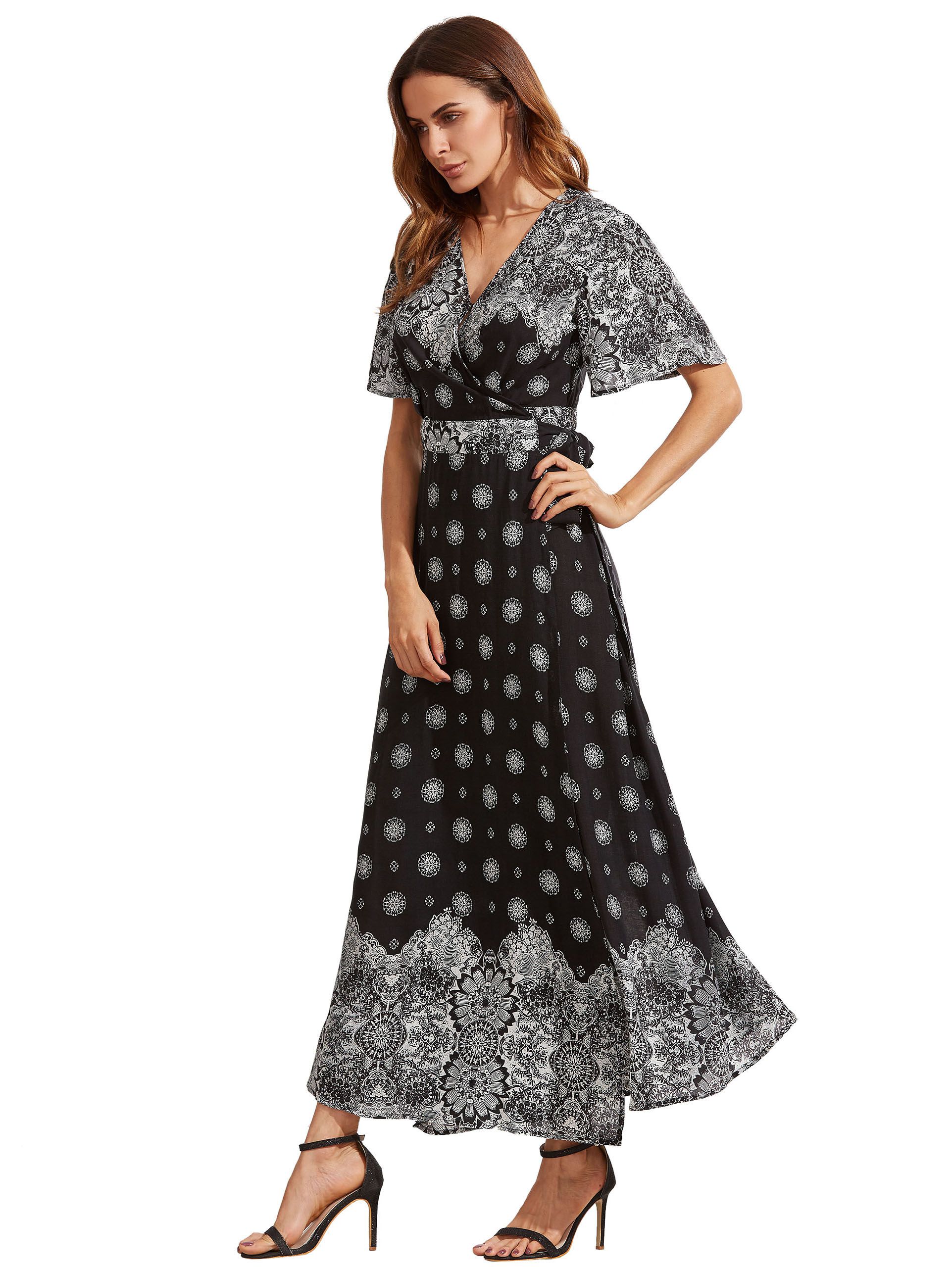 Black Print V Neck Half Sleeve Split Dress