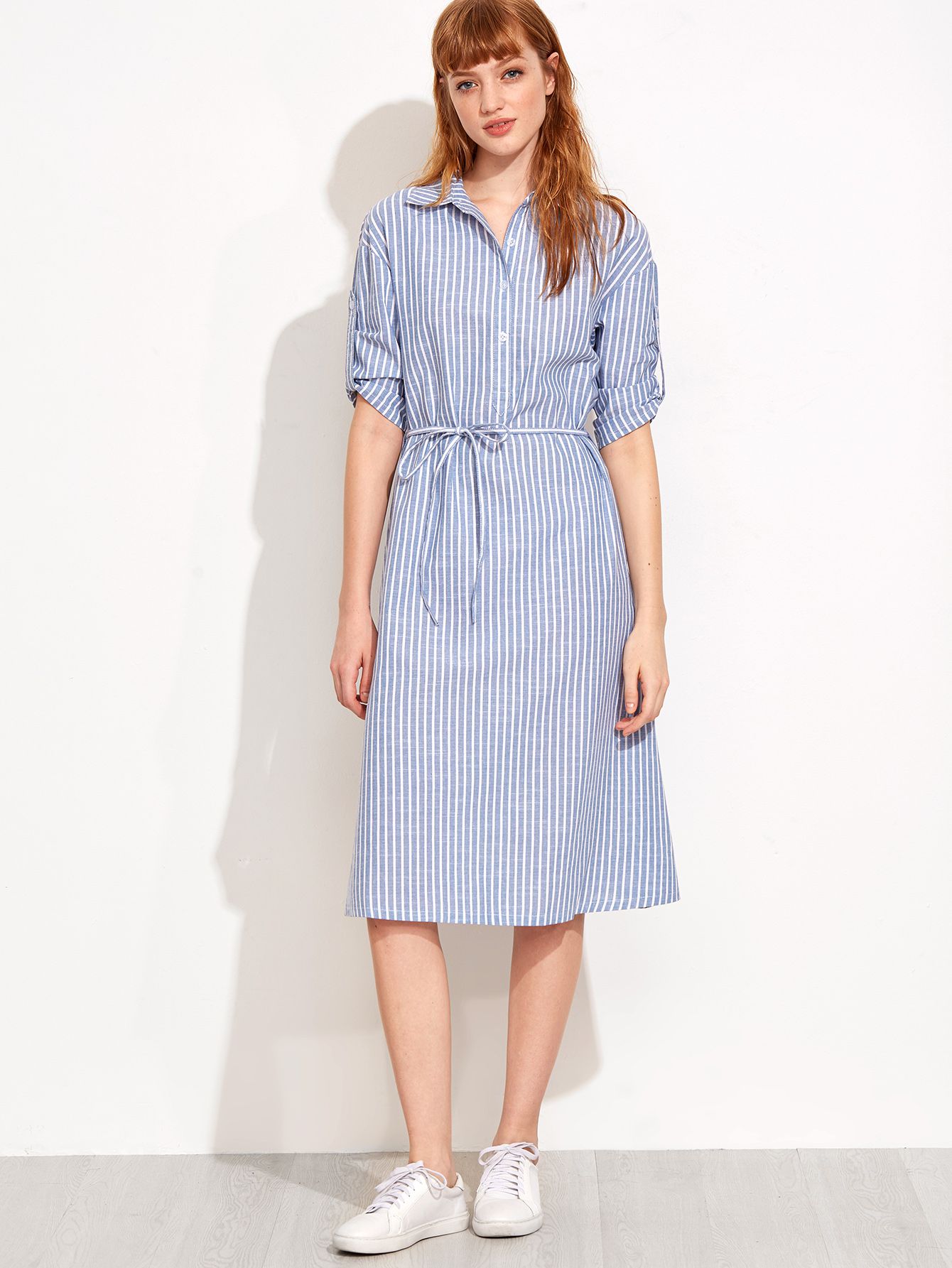 Blue Vertical Stripe Self Tie Shirt Dress