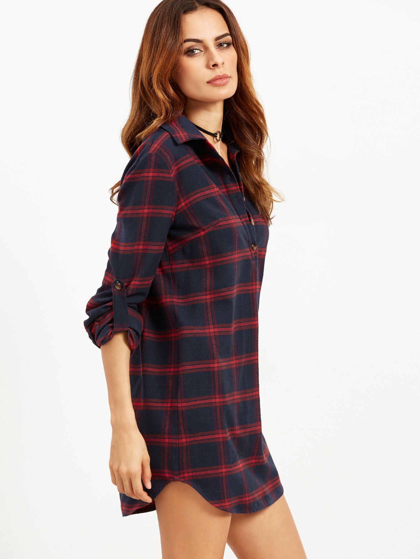 Navy Plaid Roll Tab Sleeve Half Placket Shirt Dress