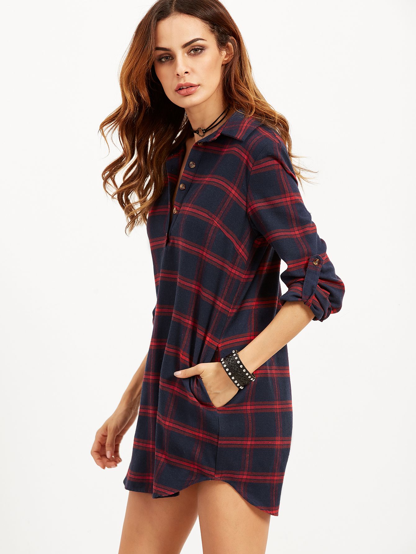 Navy Plaid Roll Tab Sleeve Half Placket Shirt Dress