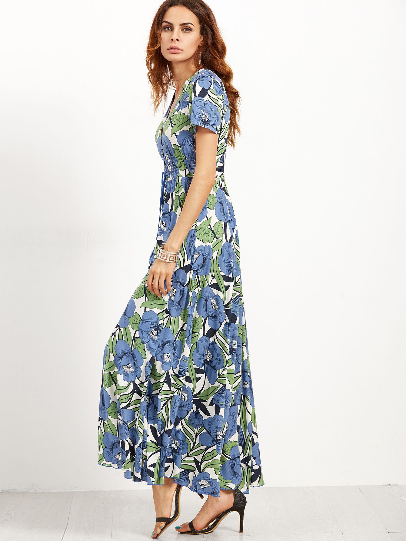 Flower Print V Neck Button Drawstring Elastic Waist Dress