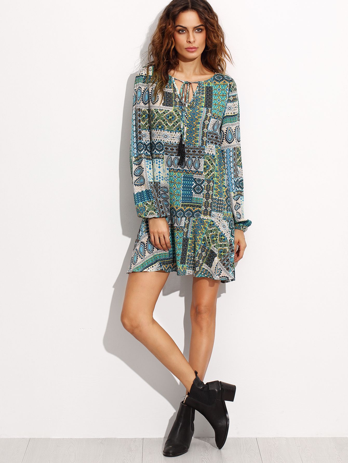 Green Ornate Patchwork Print Tie Neck Tunic Dress