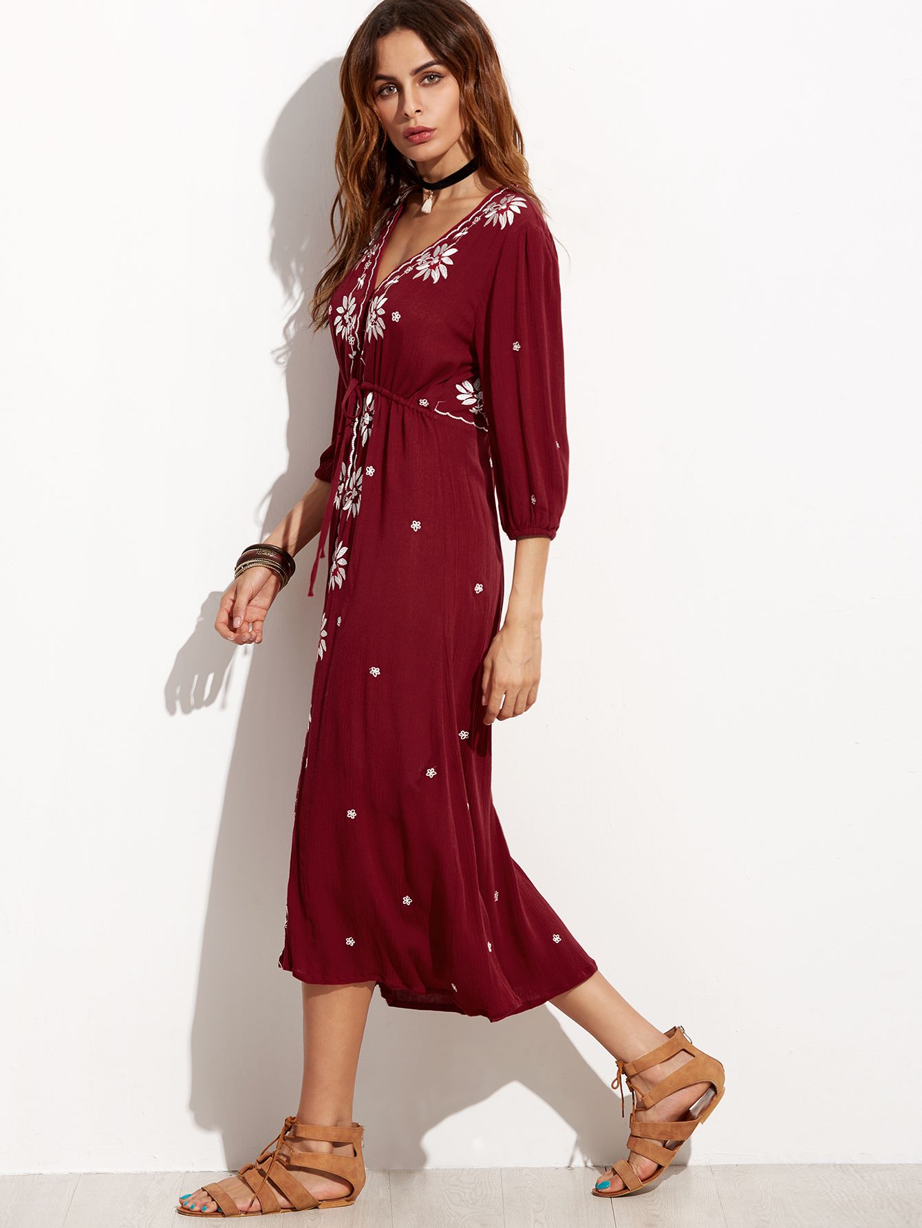 Burgundy Drawstring Waist Embroidered Peasant Dress