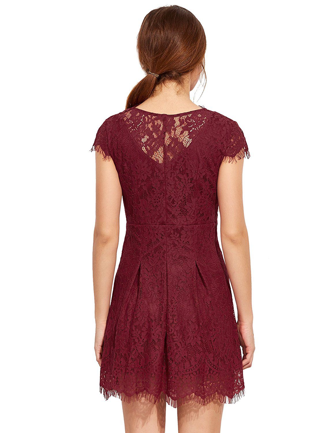 Burgundy Deep V Neck Cap Sleeve Lace Dress