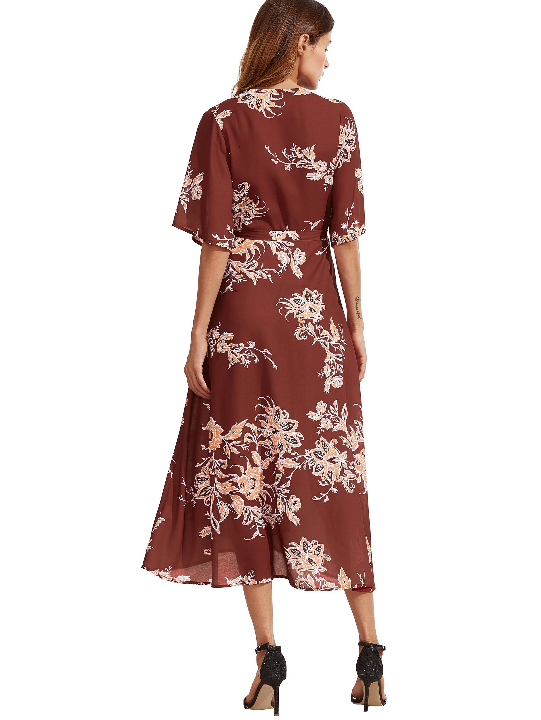 V Neck Florals Wrap Dress