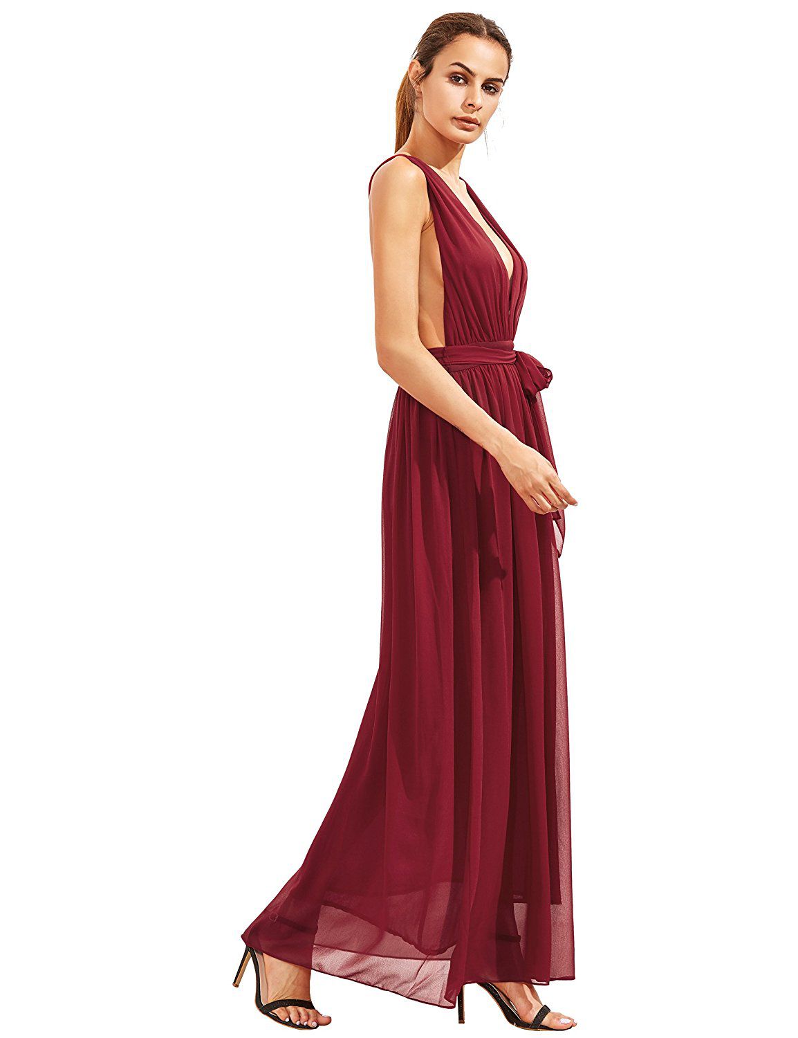 Burgundy Deep V Neck Self Tie Waist Maxi Dress