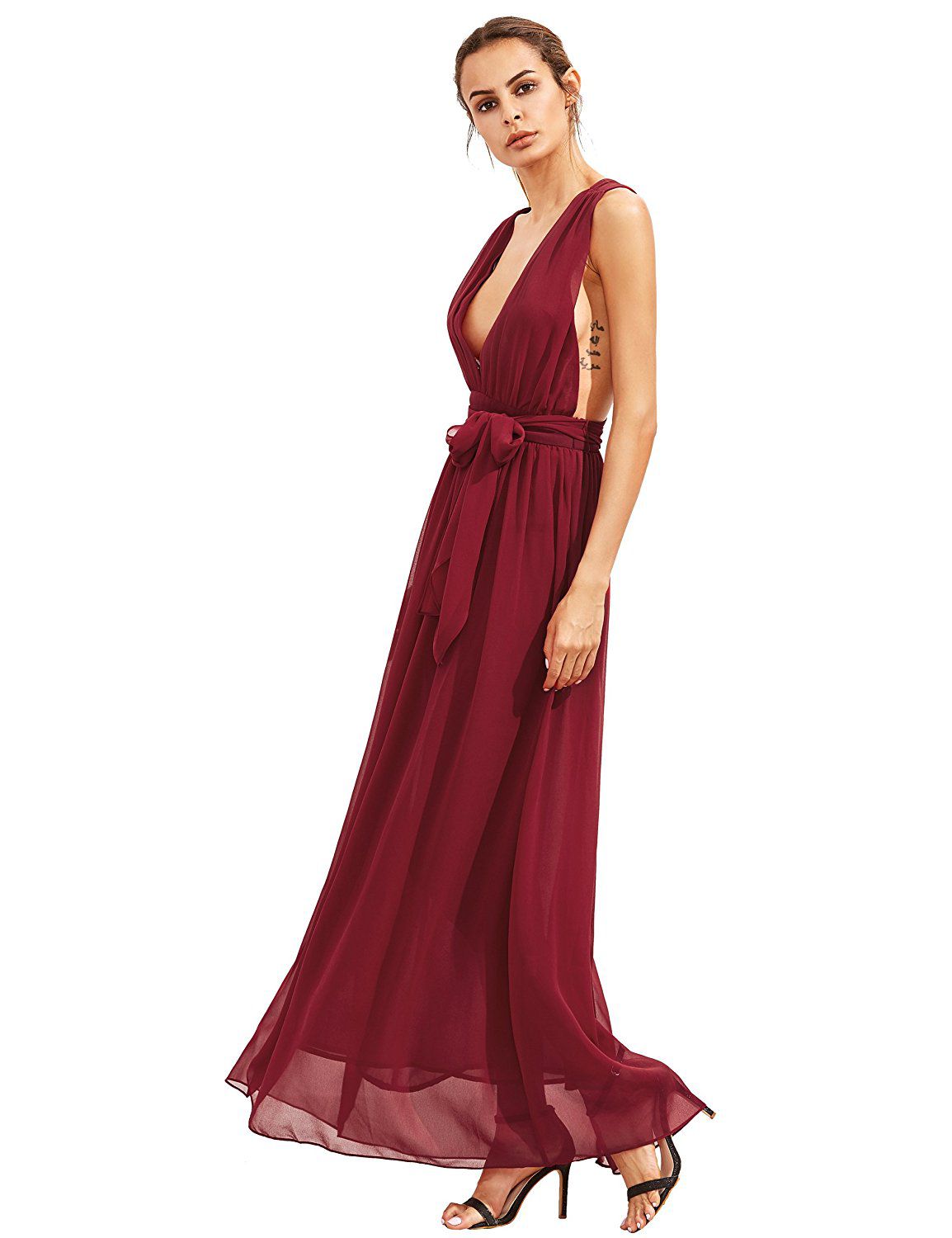 Burgundy Deep V Neck Self Tie Waist Maxi Dress