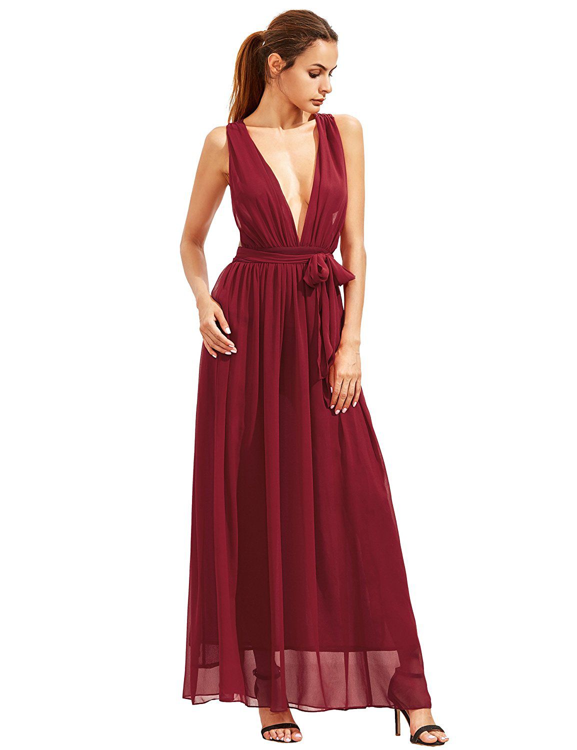 Burgundy Deep V Neck Self Tie Waist Maxi Dress