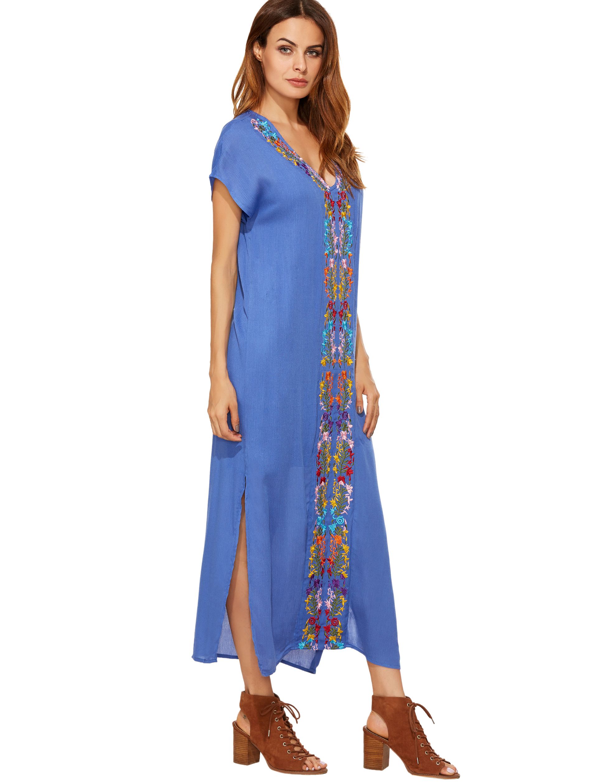 Blue Placement Print Split Side Maxi Dress