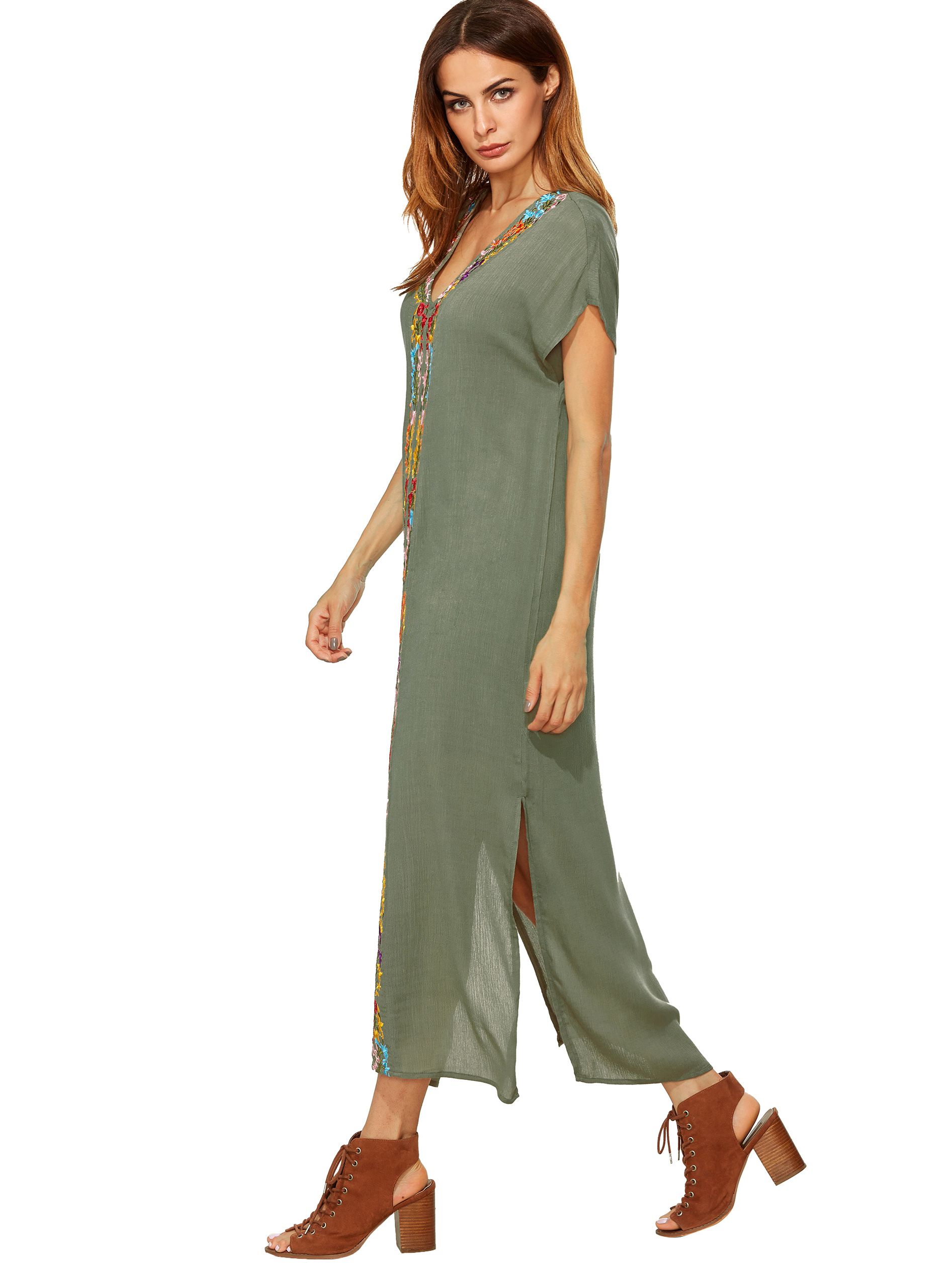 Army Green Placement Print Split Side Maxi Dress