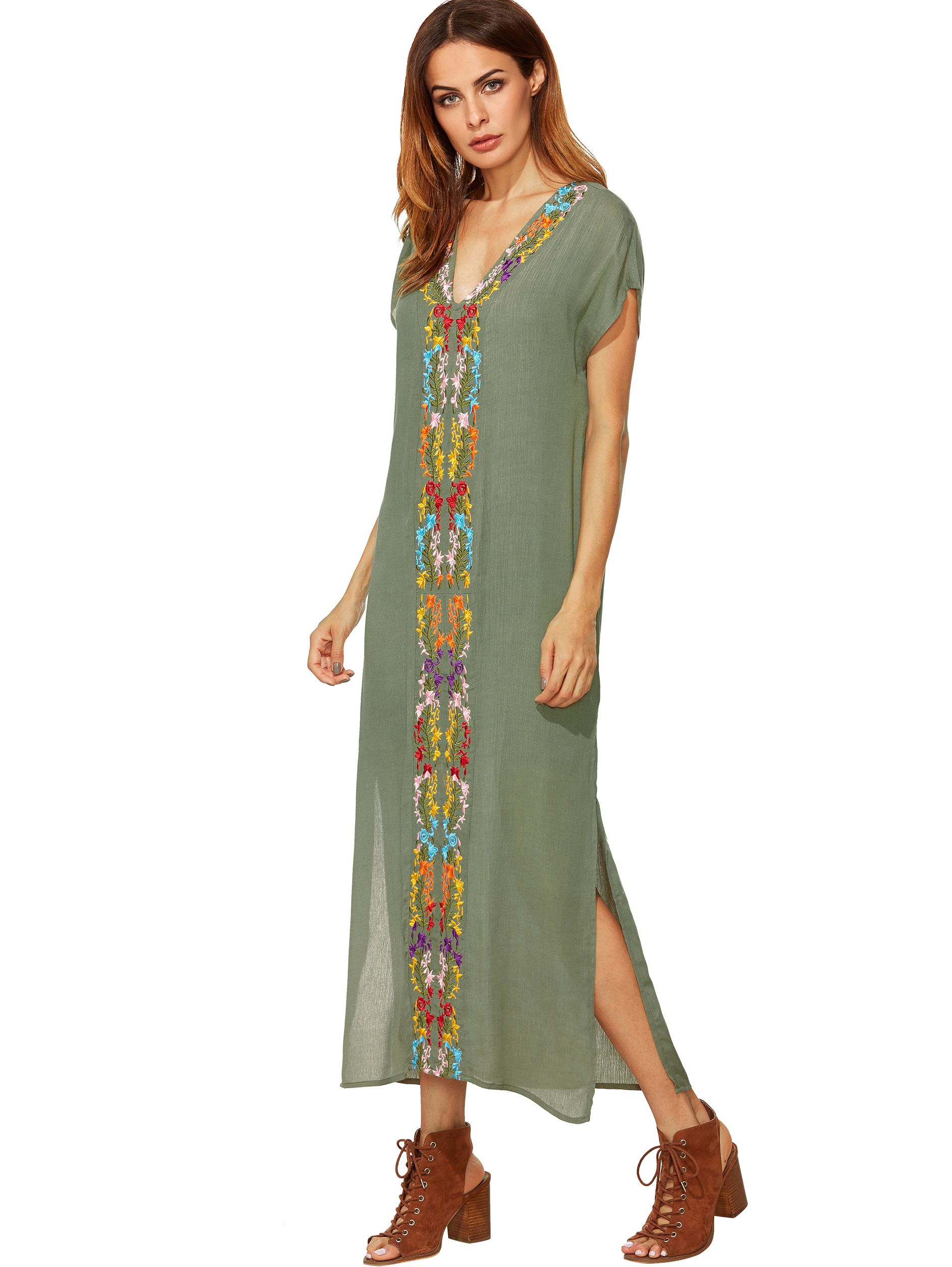 Army Green Placement Print Split Side Maxi Dress