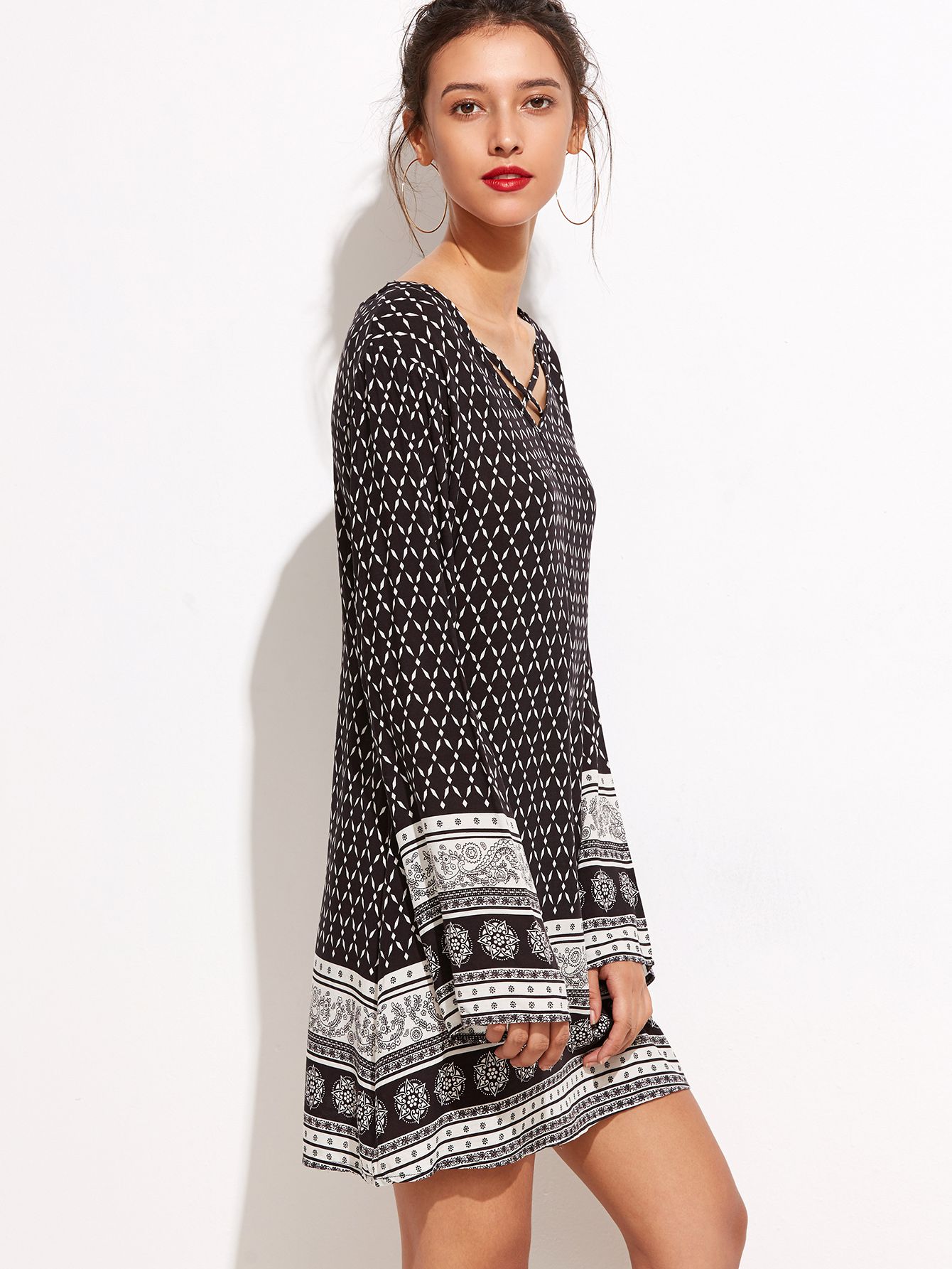 Vintage Print V Neck Criss Cross Tunic Dress