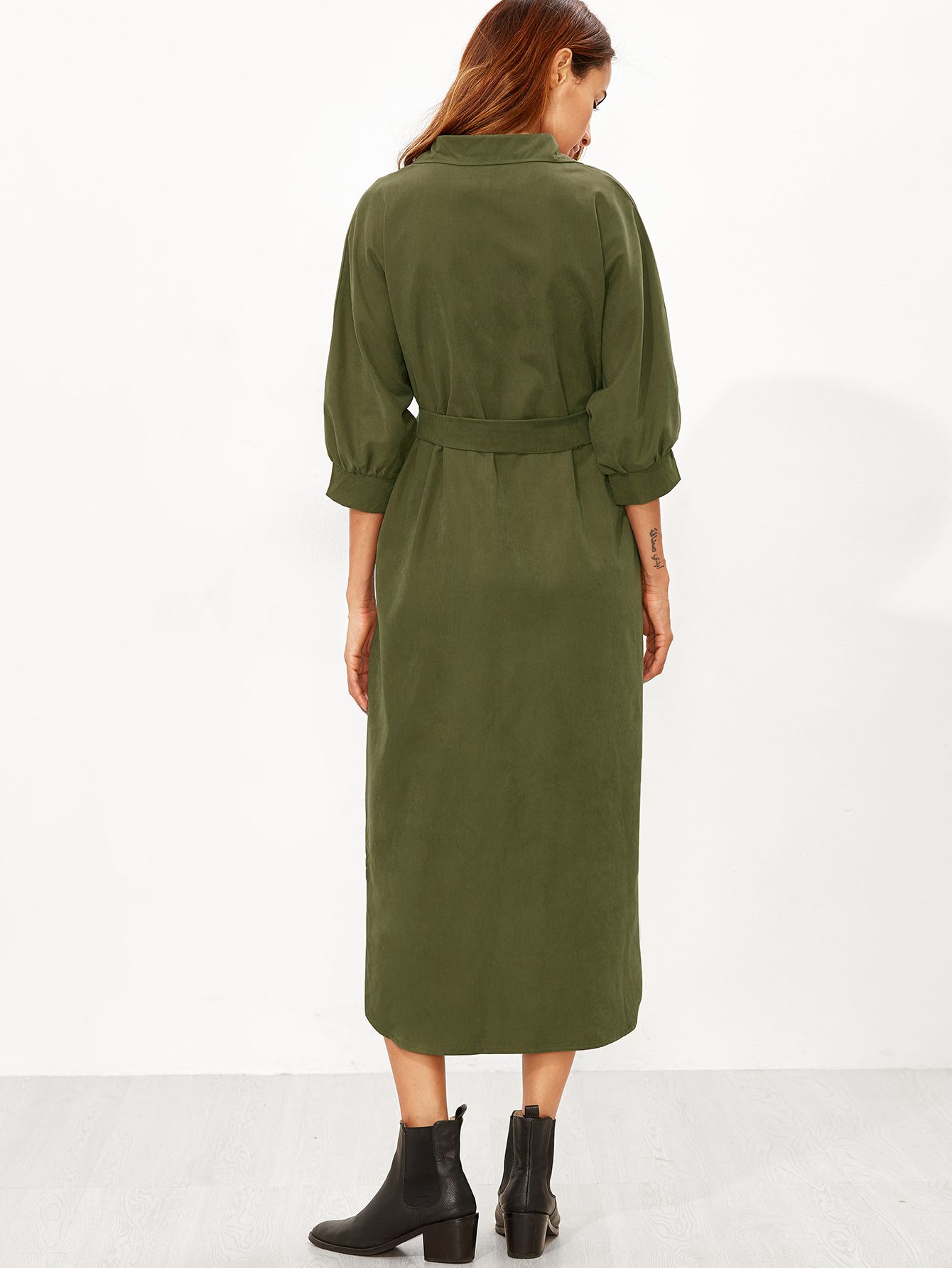 Army Green Dip Hem Belt Shirt Dress