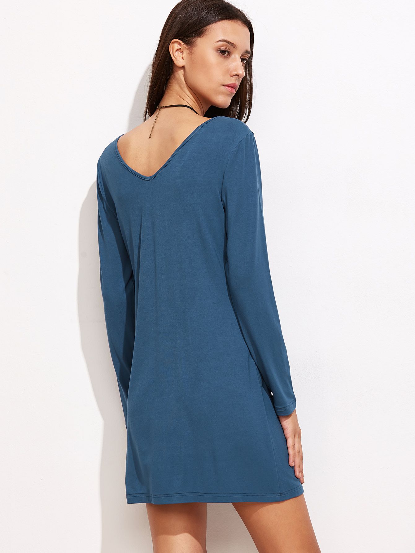 Blue Criss Cross V Neck Dress