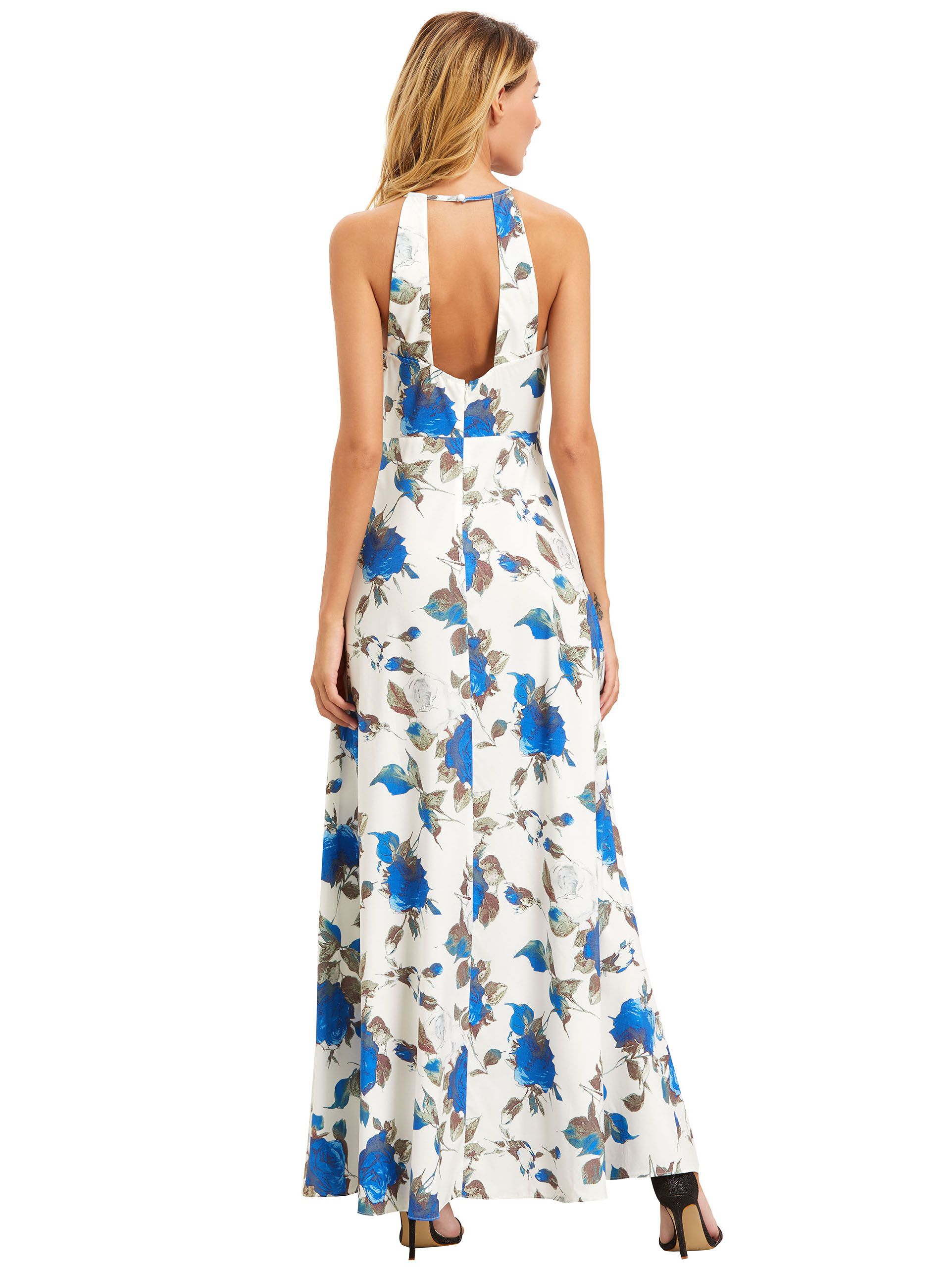 White Floral Print Halter Neck Maxi Dress