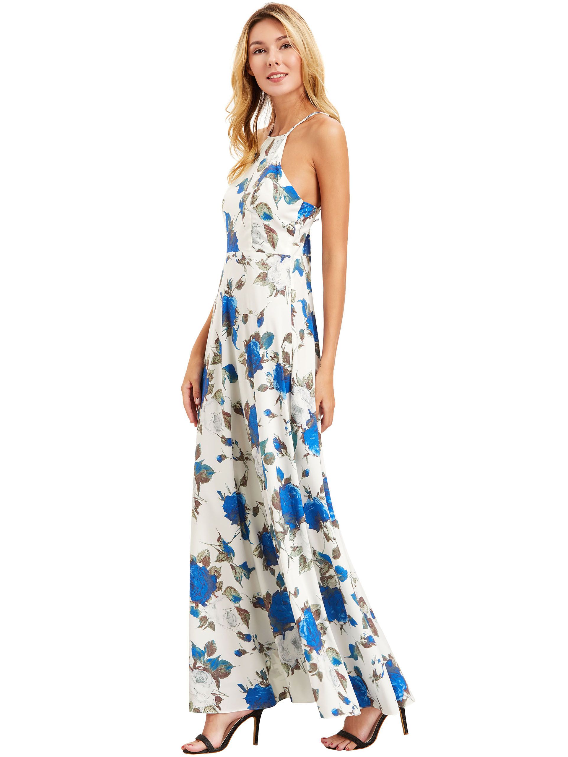 White Floral Print Halter Neck Maxi Dress