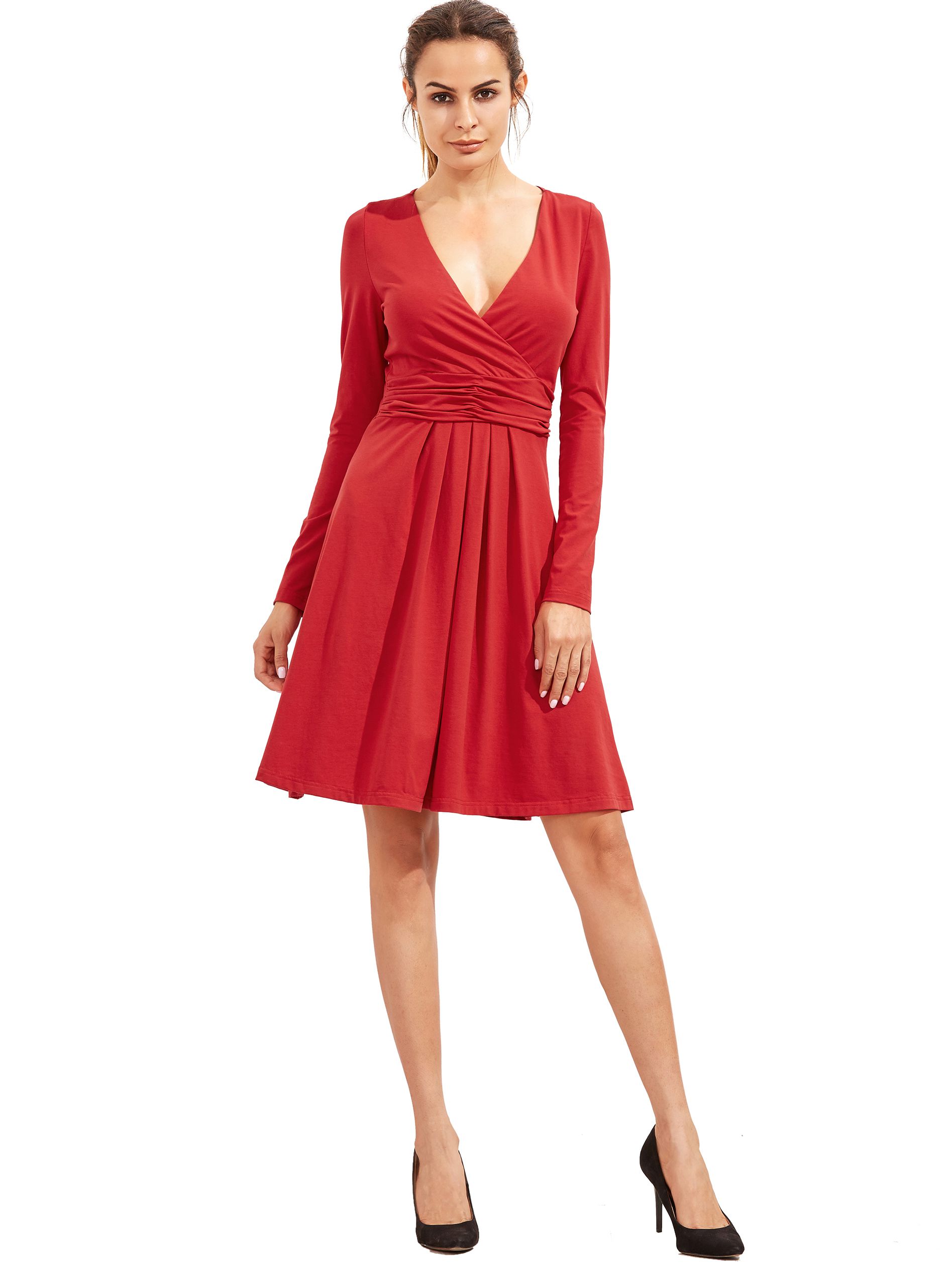 Burgundy V Neck Long Sleeve Ruched Dress