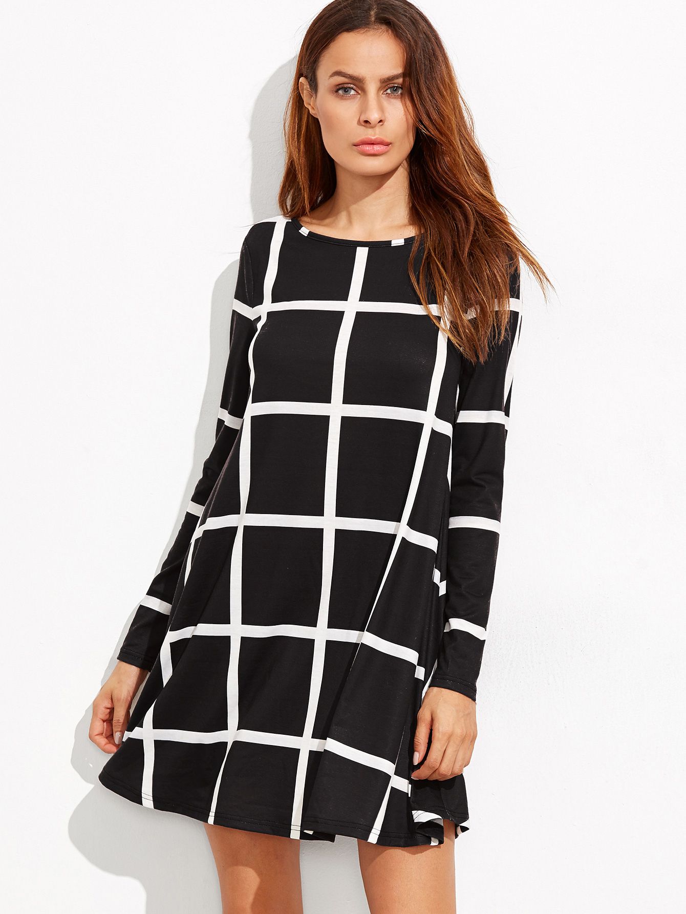 Black Grid Long Sleeve Swing Dress