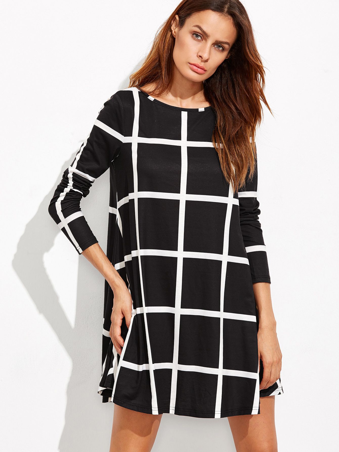 Black Grid Long Sleeve Swing Dress