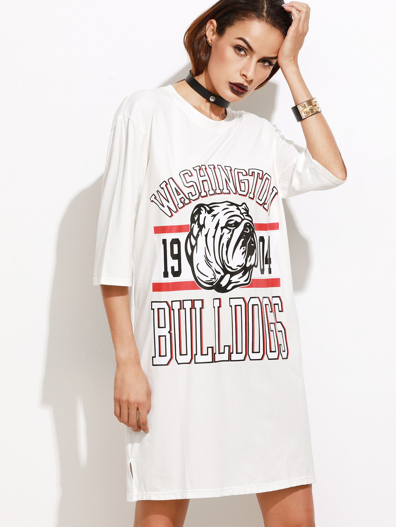 White Varsity Print Slit Side Tee Dress