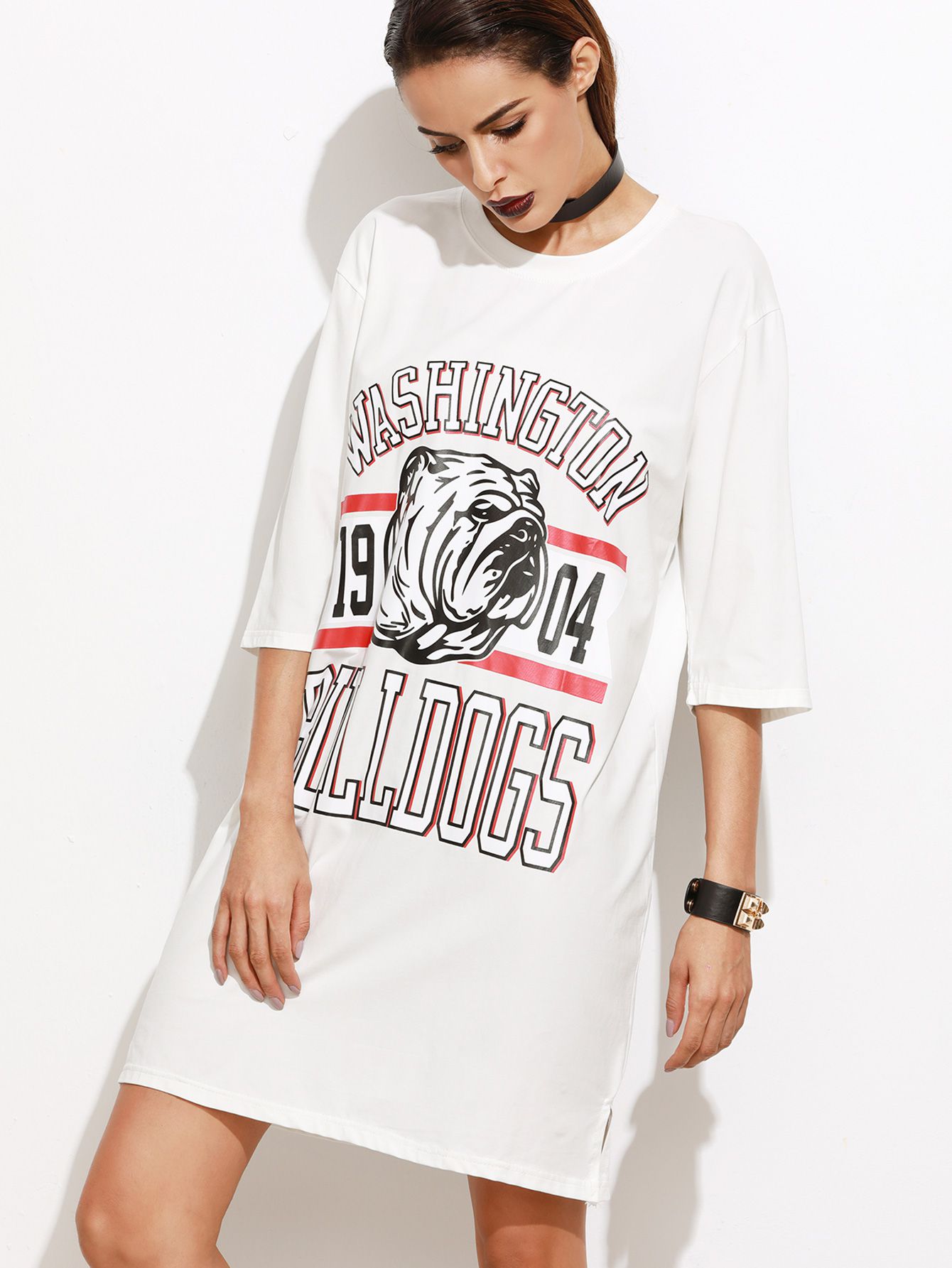 White Varsity Print Slit Side Tee Dress