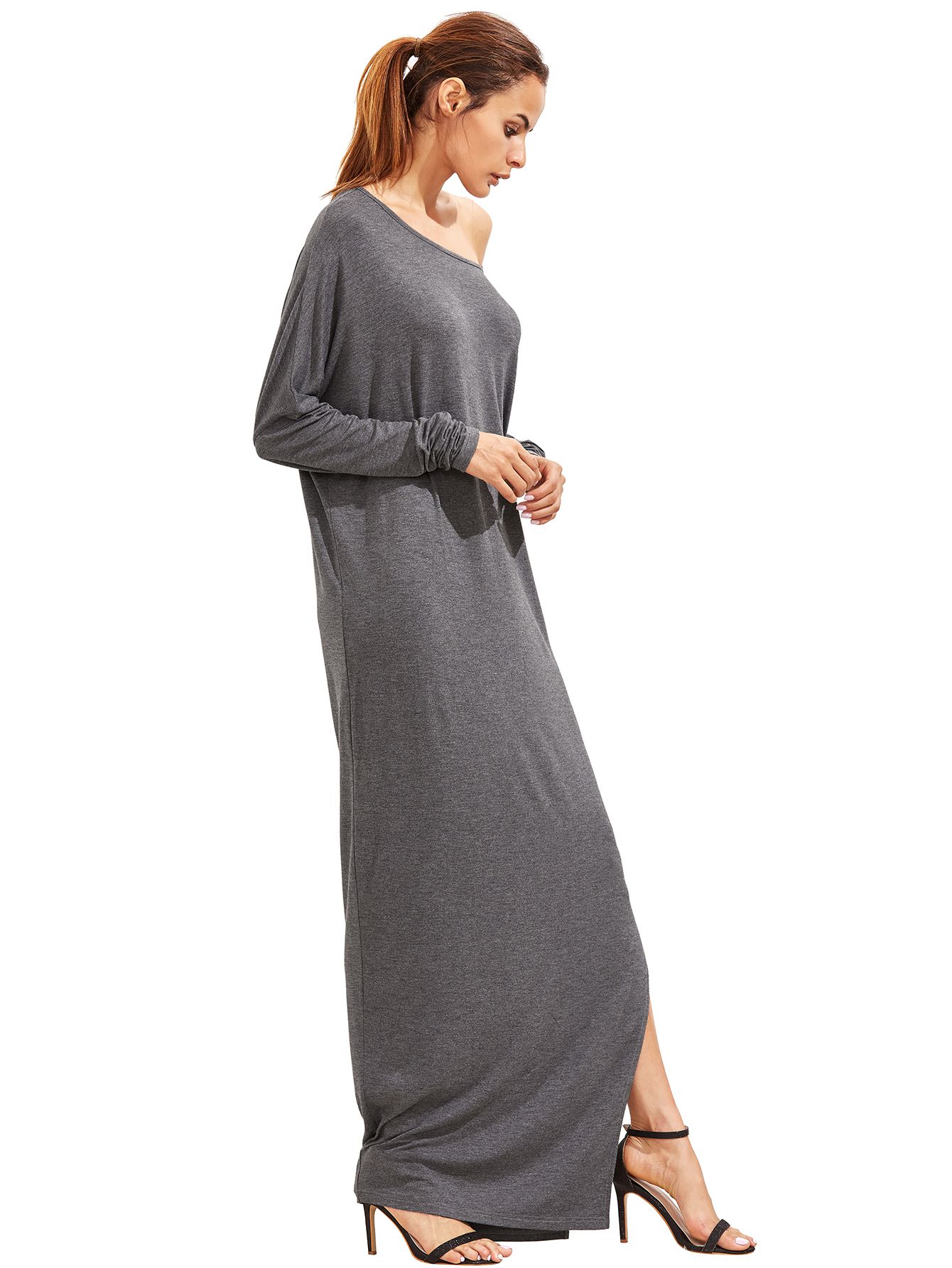 Dark Grey Oblique Shoulder Boatneck Bat Sleeve Slit Dress