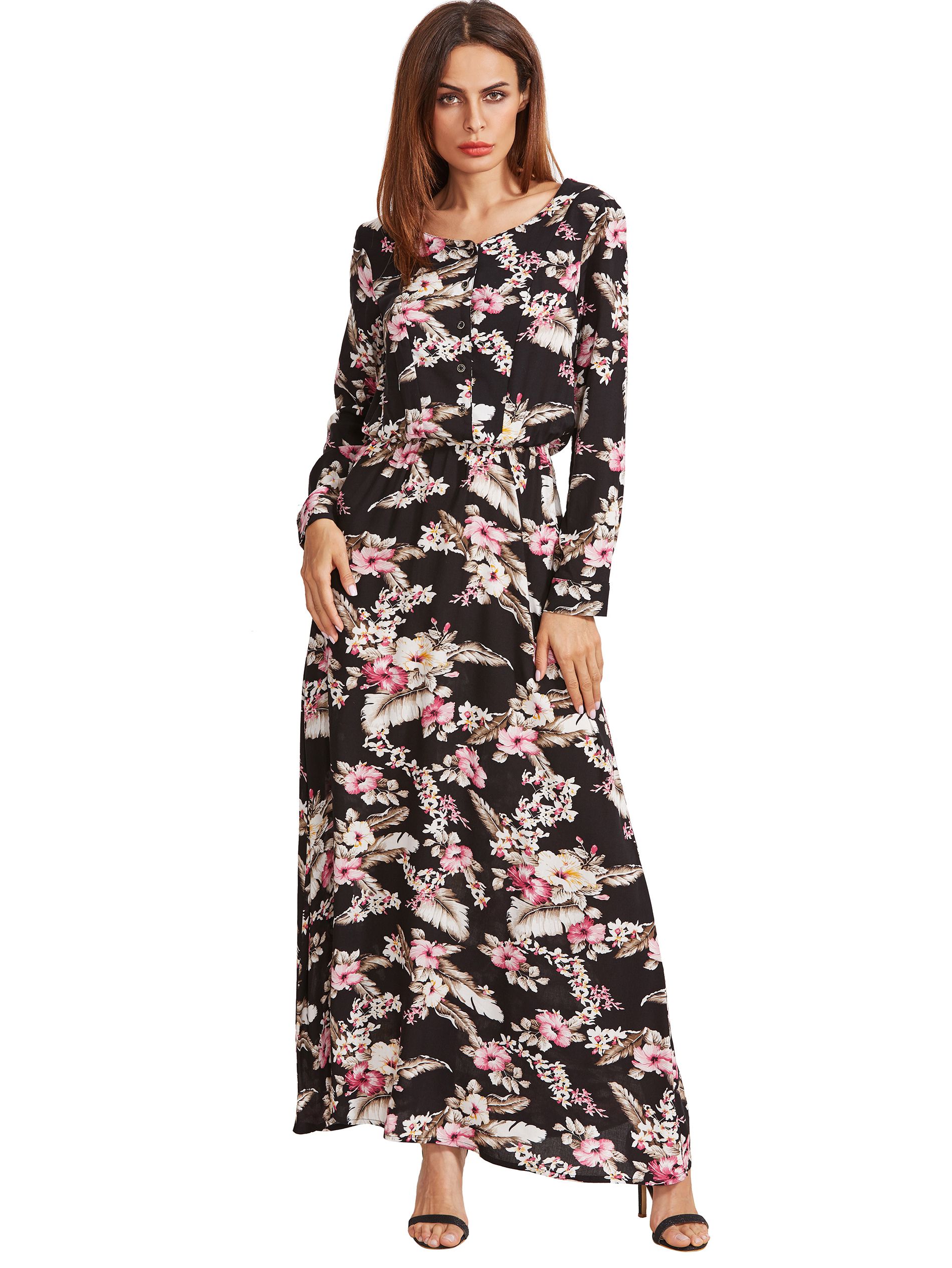 Black Blossom Print Buttoned Front Dress