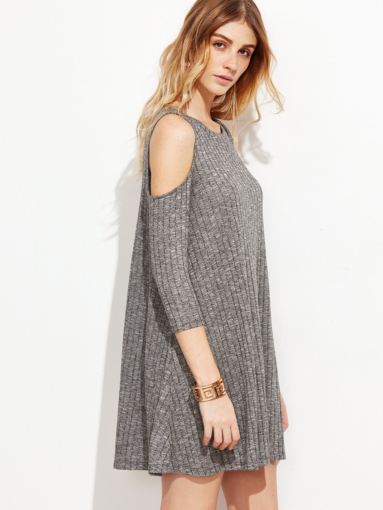 Grey Open Shoulder Ribbed Dress