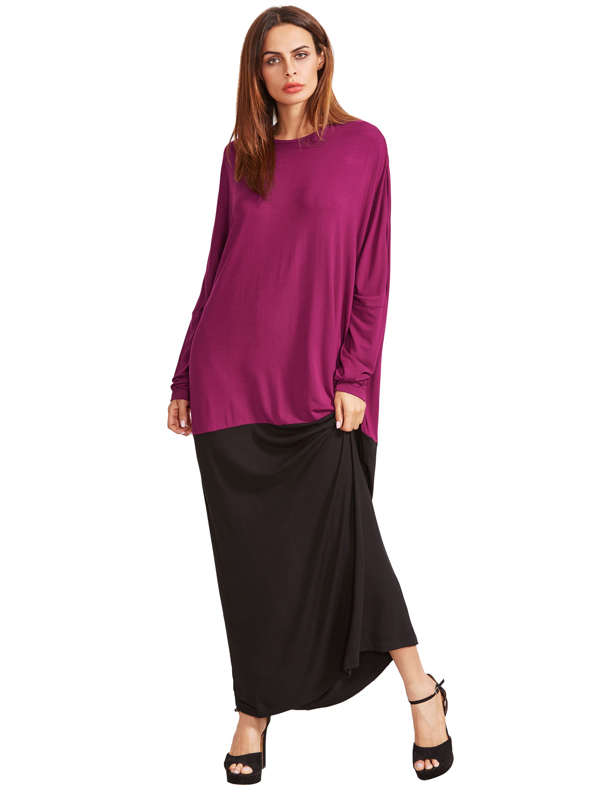 Color Block Round Neck Long Sleeve Maxi Dress