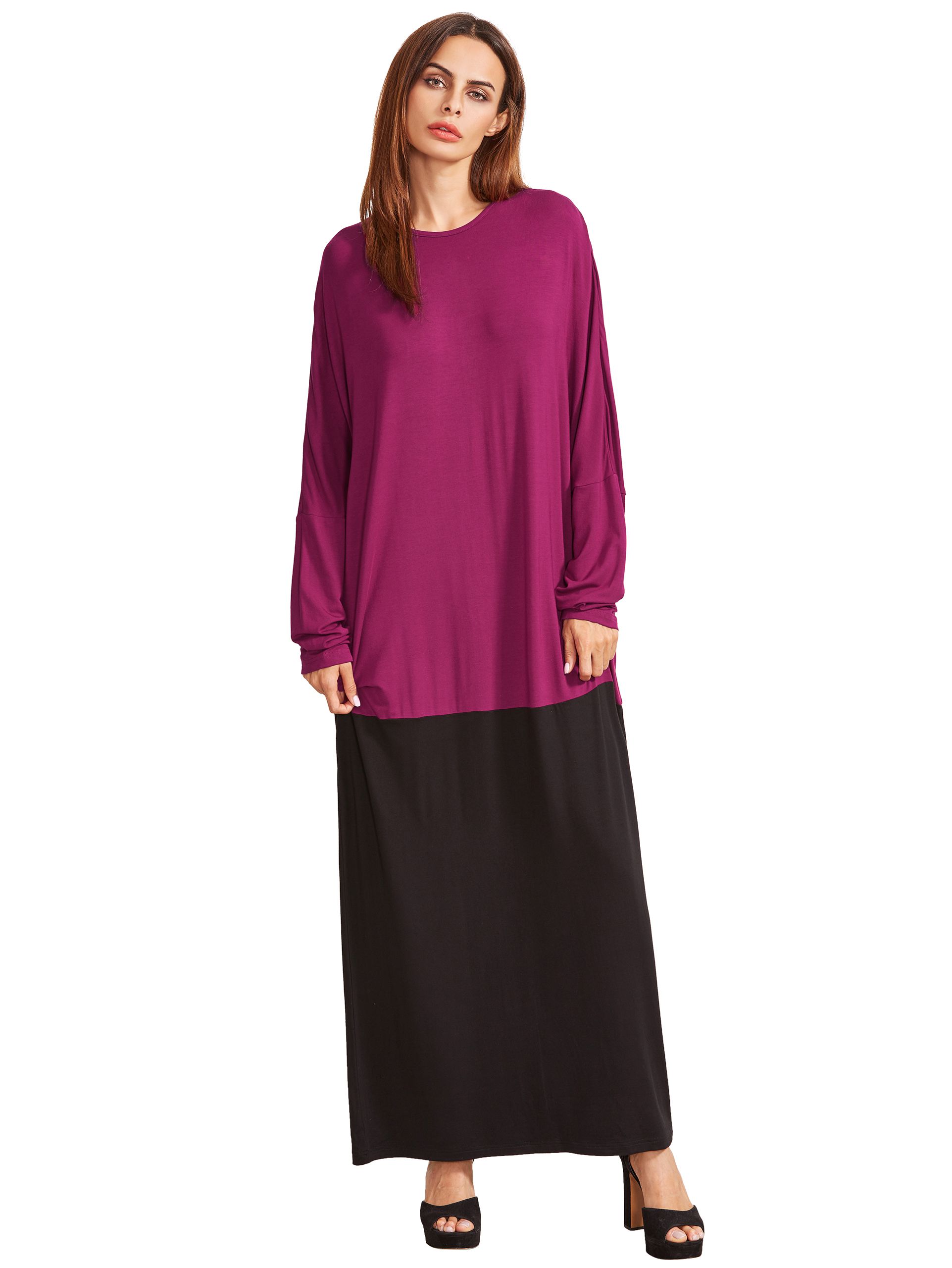 Color Block Round Neck Long Sleeve Maxi Dress